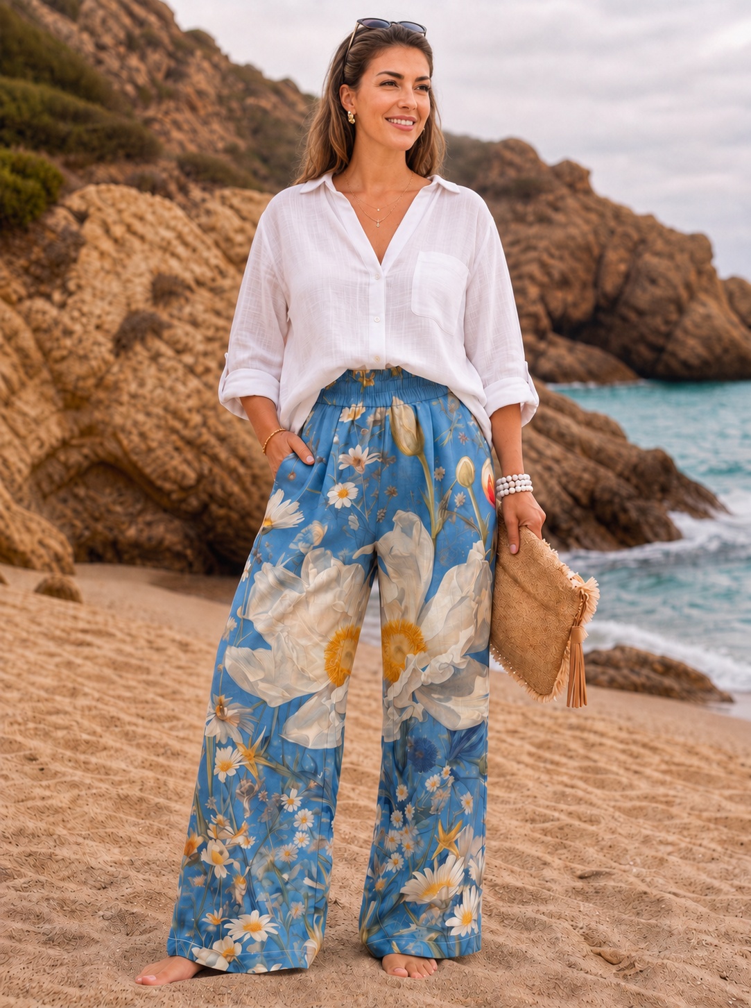 Blue Sky Wild Daisy Floral Drawstring Wide Leg Trousers