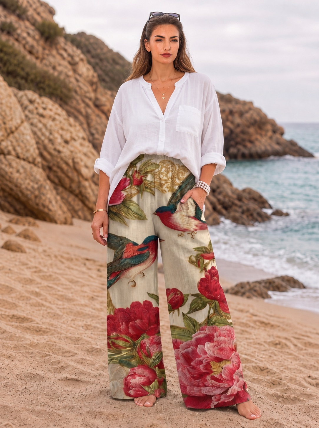 Vintage Swallow Peony Floral Drawstring Wide Leg Trousers