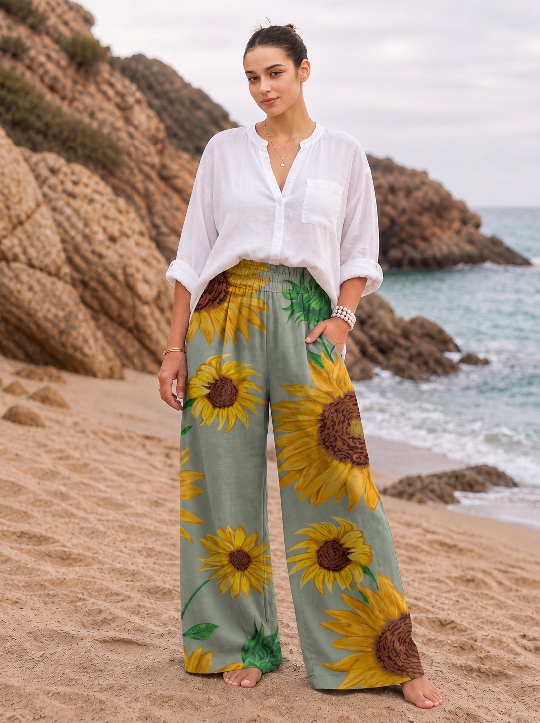 Sage Green Sunflower Oil Painting Drawstring Wide Leg Trousers