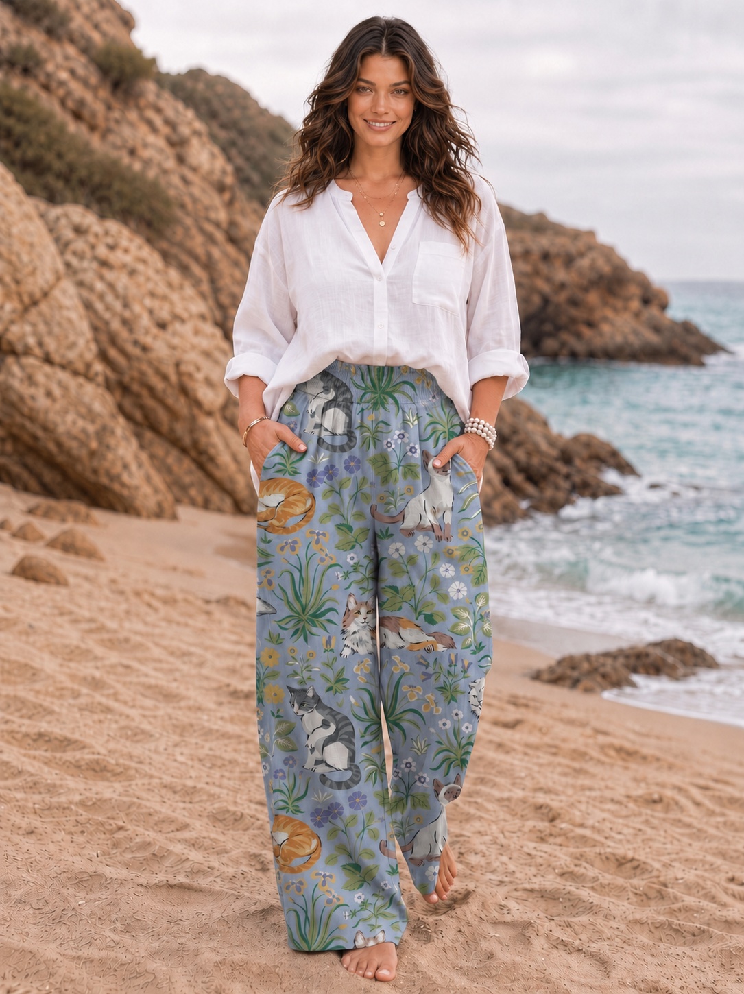 Light Blue Cat Wildflower Cartoon Print Drawstring Wide Leg Trousers