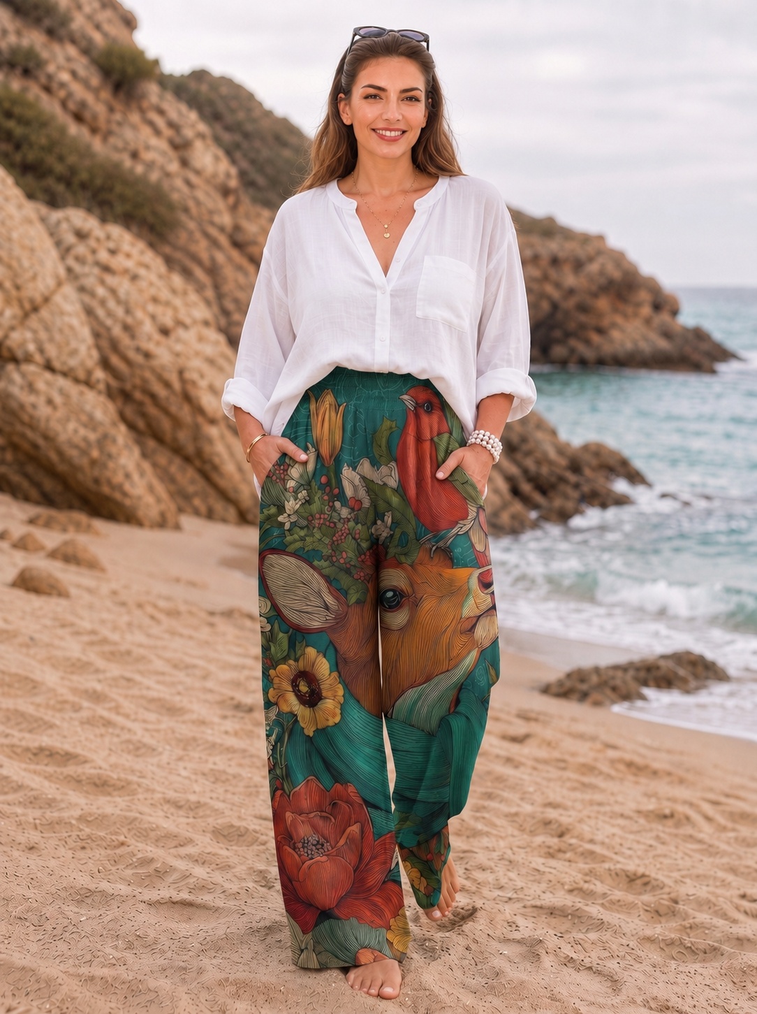 Vintage Red Bird Deer Floral Illustration Drawstring Wide Leg Trousers