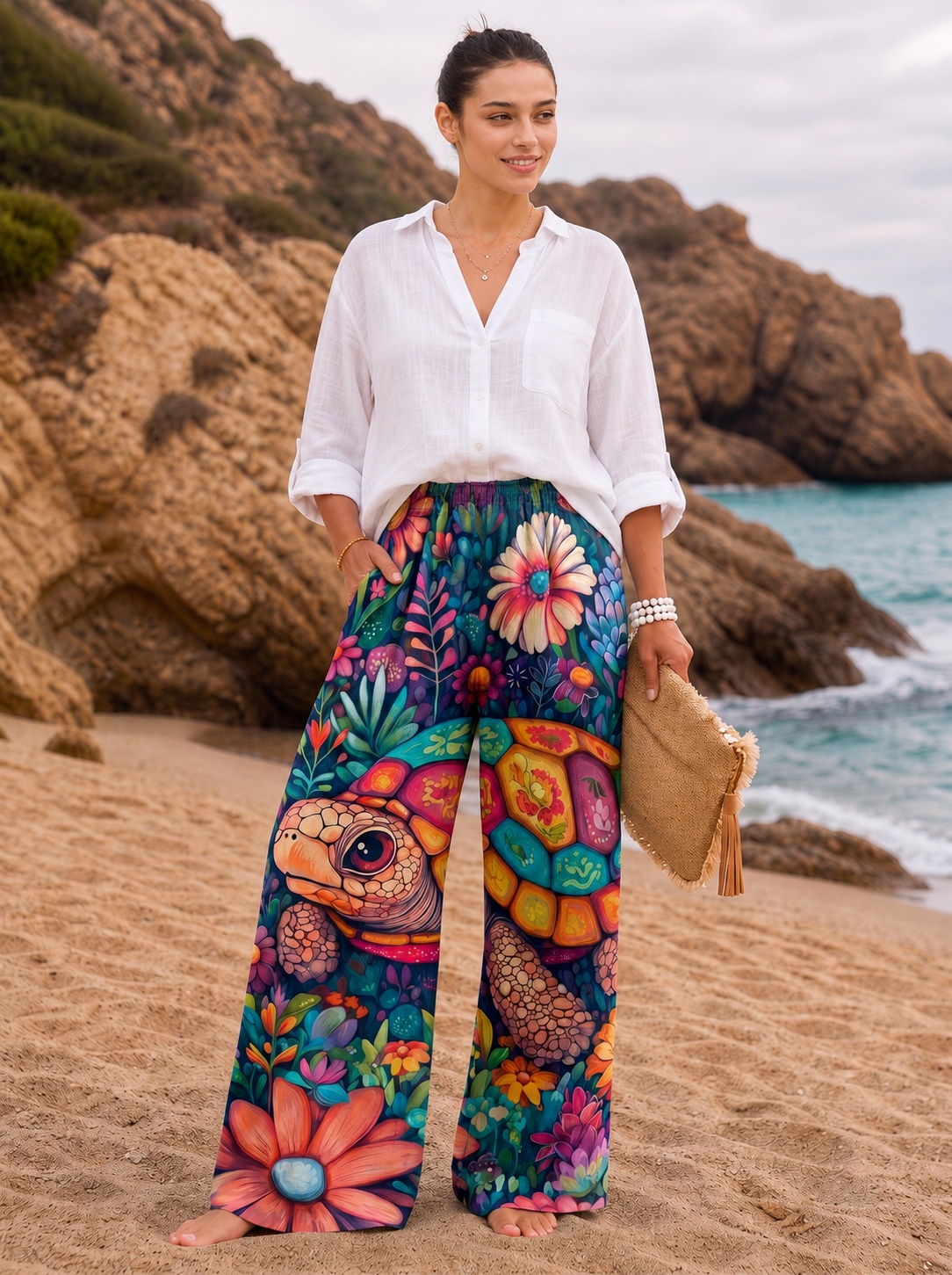 Colorful Turtle Wildflower Art Print Drawstring Wide Leg Trousers