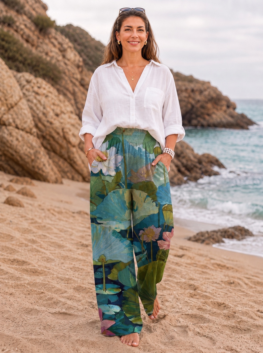 Watercolor Lotus Pond Print Drawstring Wide Leg Trousers