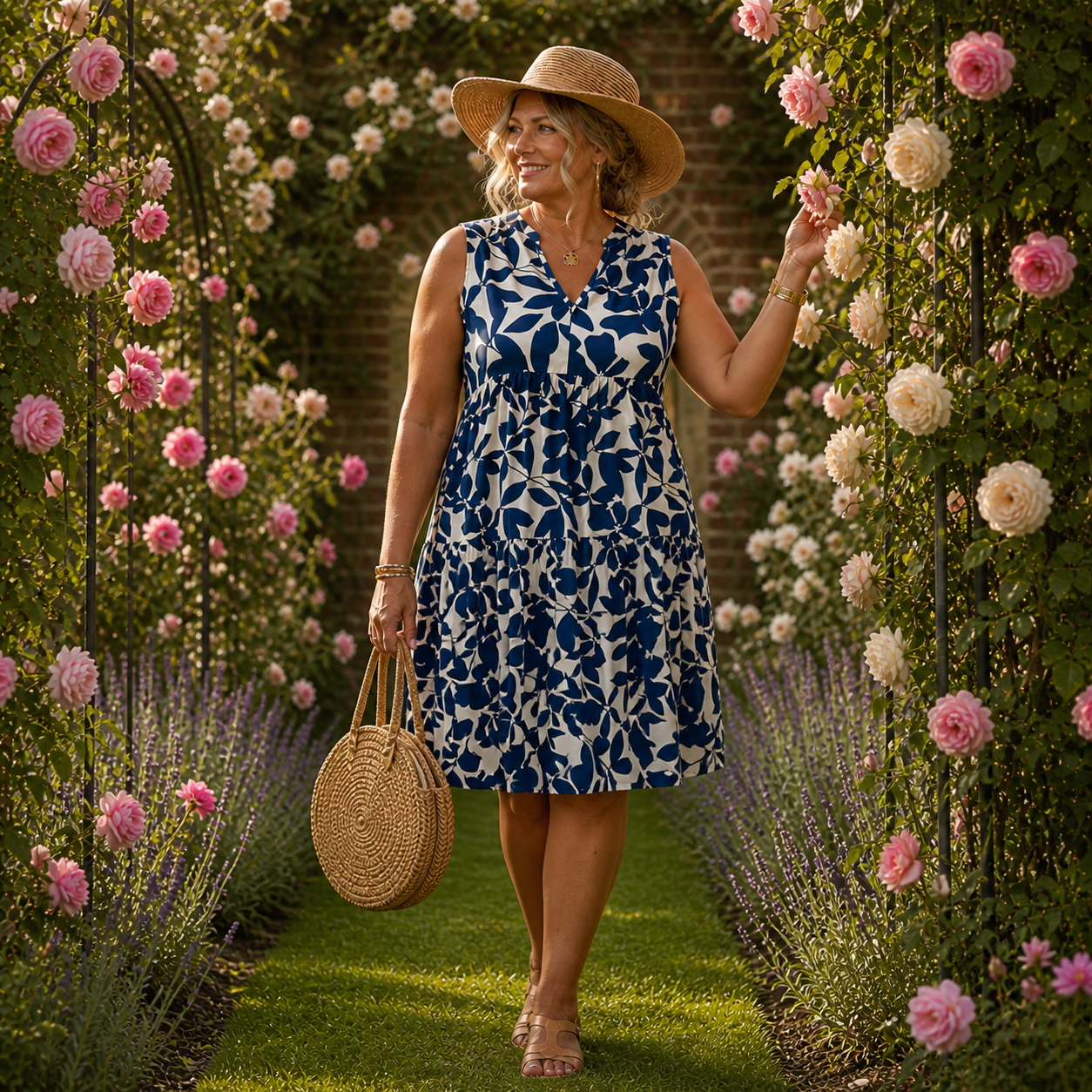 Floral Leaf Print Slim Fit Midi Dress