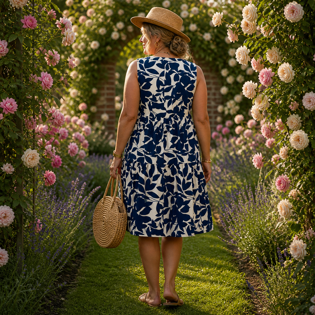 Floral Leaf Print Slim Fit Midi Dress