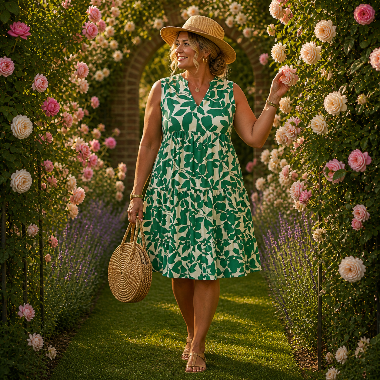 Floral Leaf Print Slim Fit Midi Dress