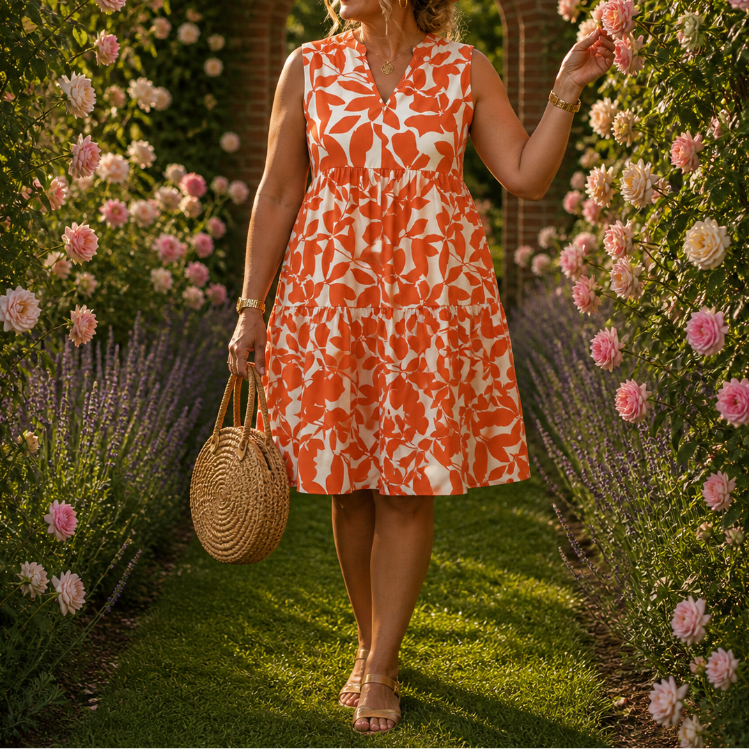 Floral Leaf Print Slim Fit Midi Dress