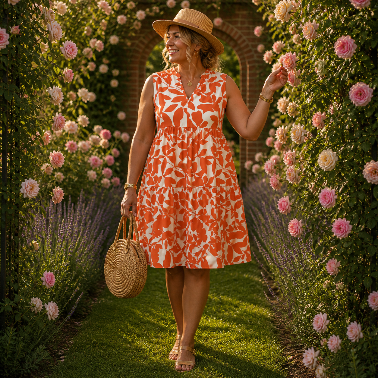 Floral Leaf Print Slim Fit Midi Dress