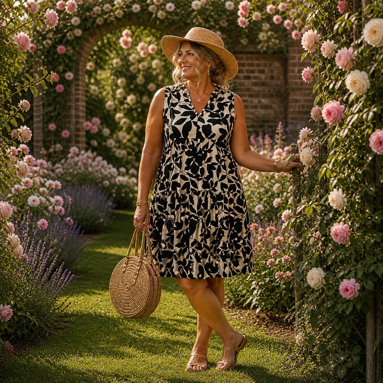 Floral Leaf Print Slim Fit Midi Dress