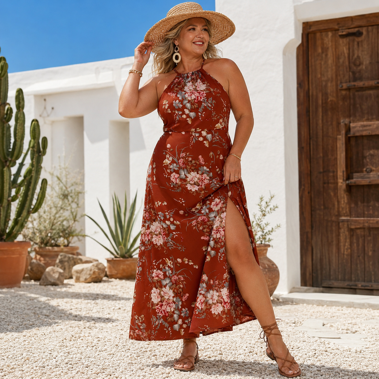 Halter Floral Midi Dress with Side Slit