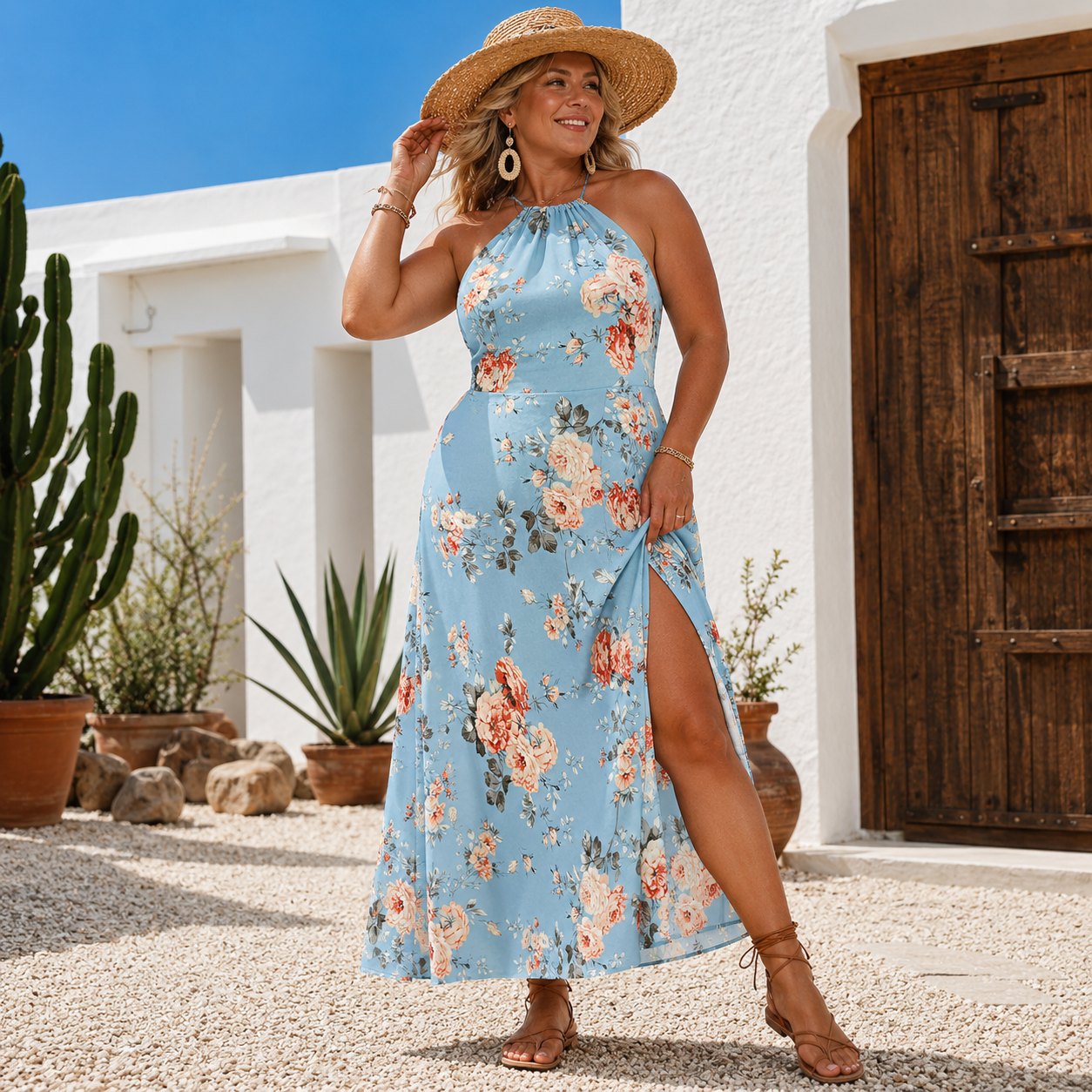 Halter Floral Midi Dress with Side Slit