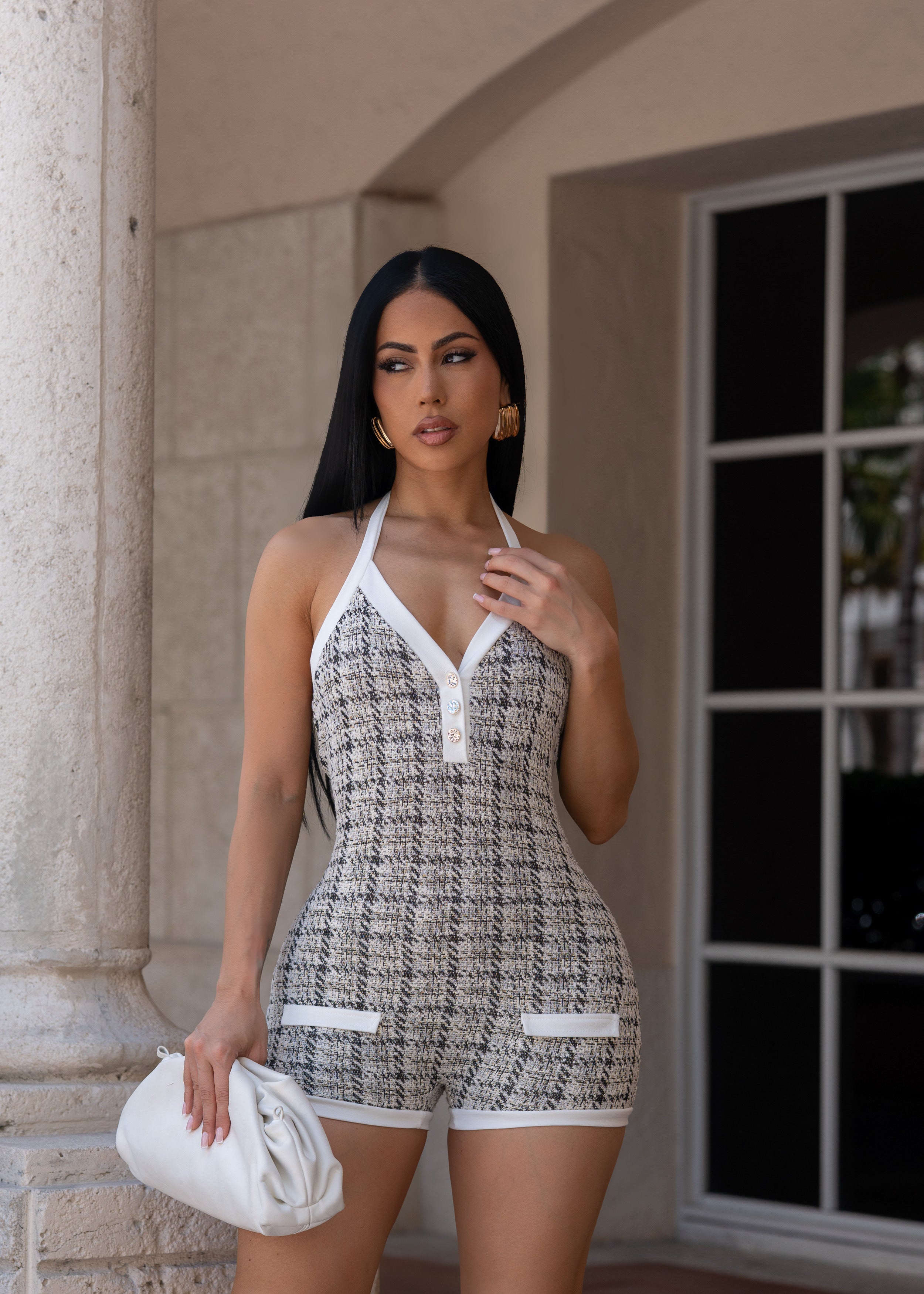 Halter V Neck Plaid Bodycon Romper Shorts Jumpsuit
