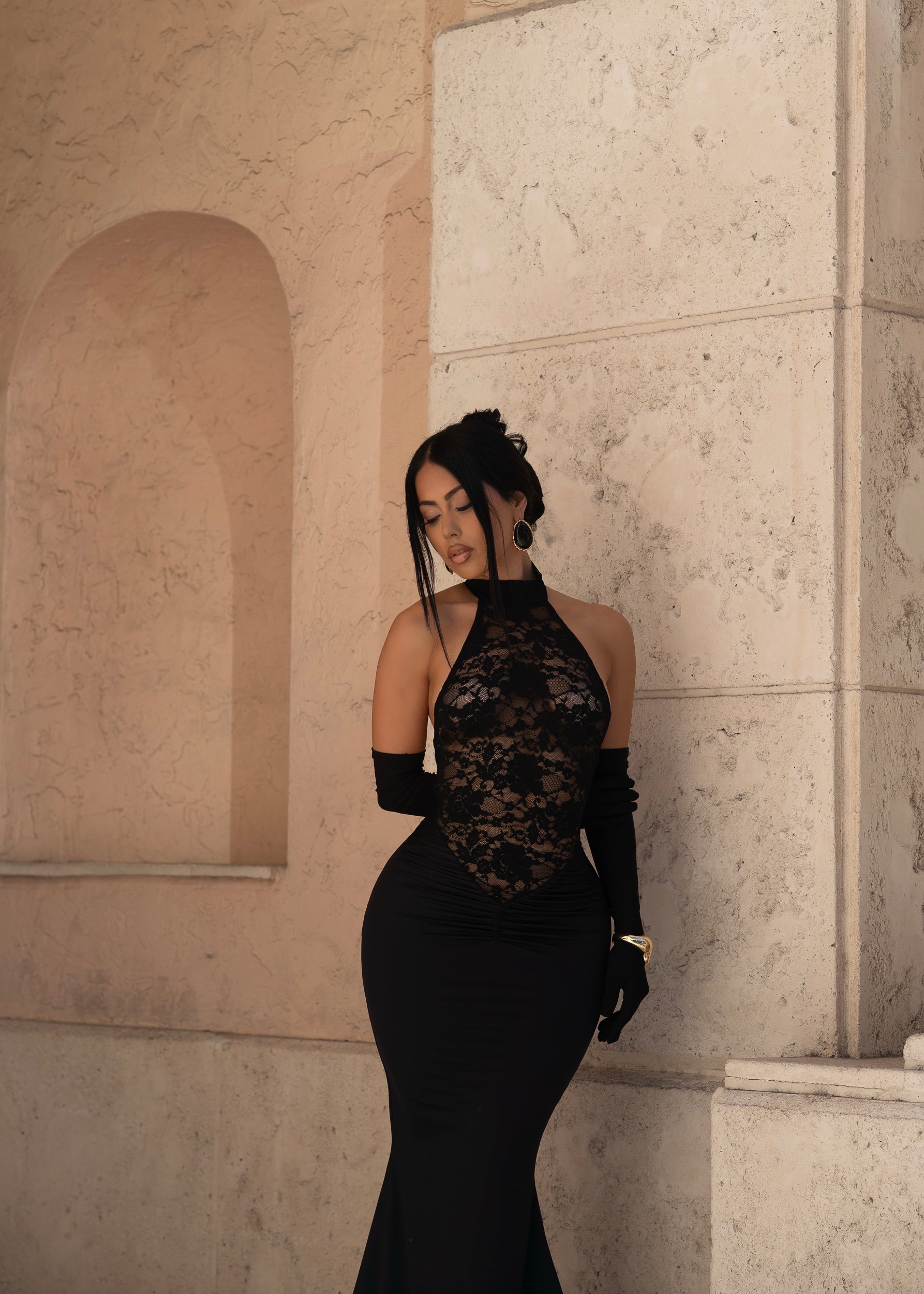 Halter Sheer Lace Backless Mermaid Maxi Gown
