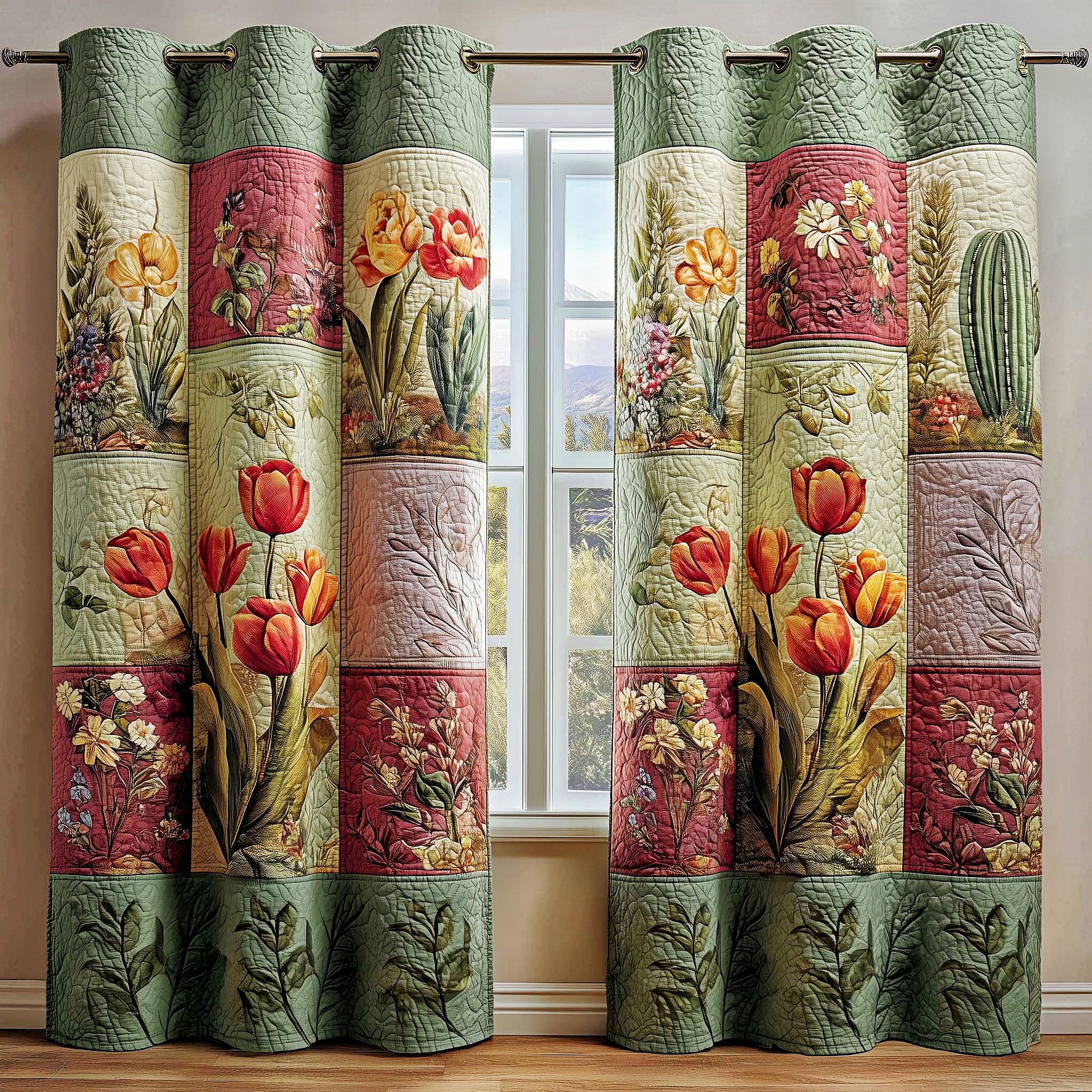Patchwork Tulip & Floral Embroidered Knitwear Quilted Curtains