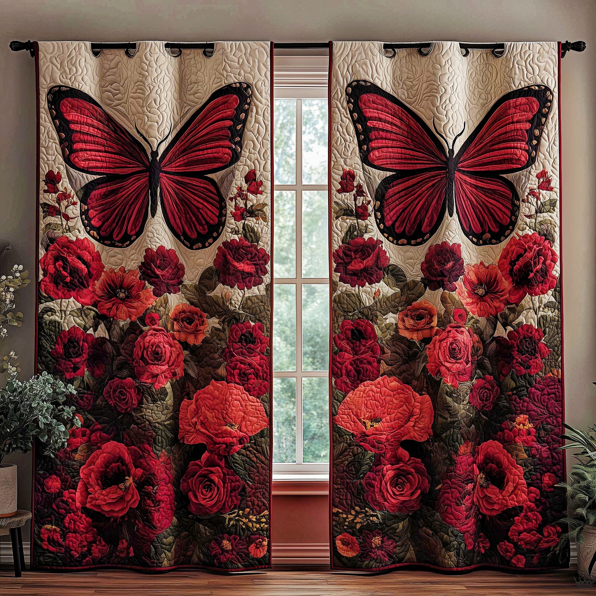 Crimson Butterfly & Rose Garden Embroidered Knitwear Quilted Curtains