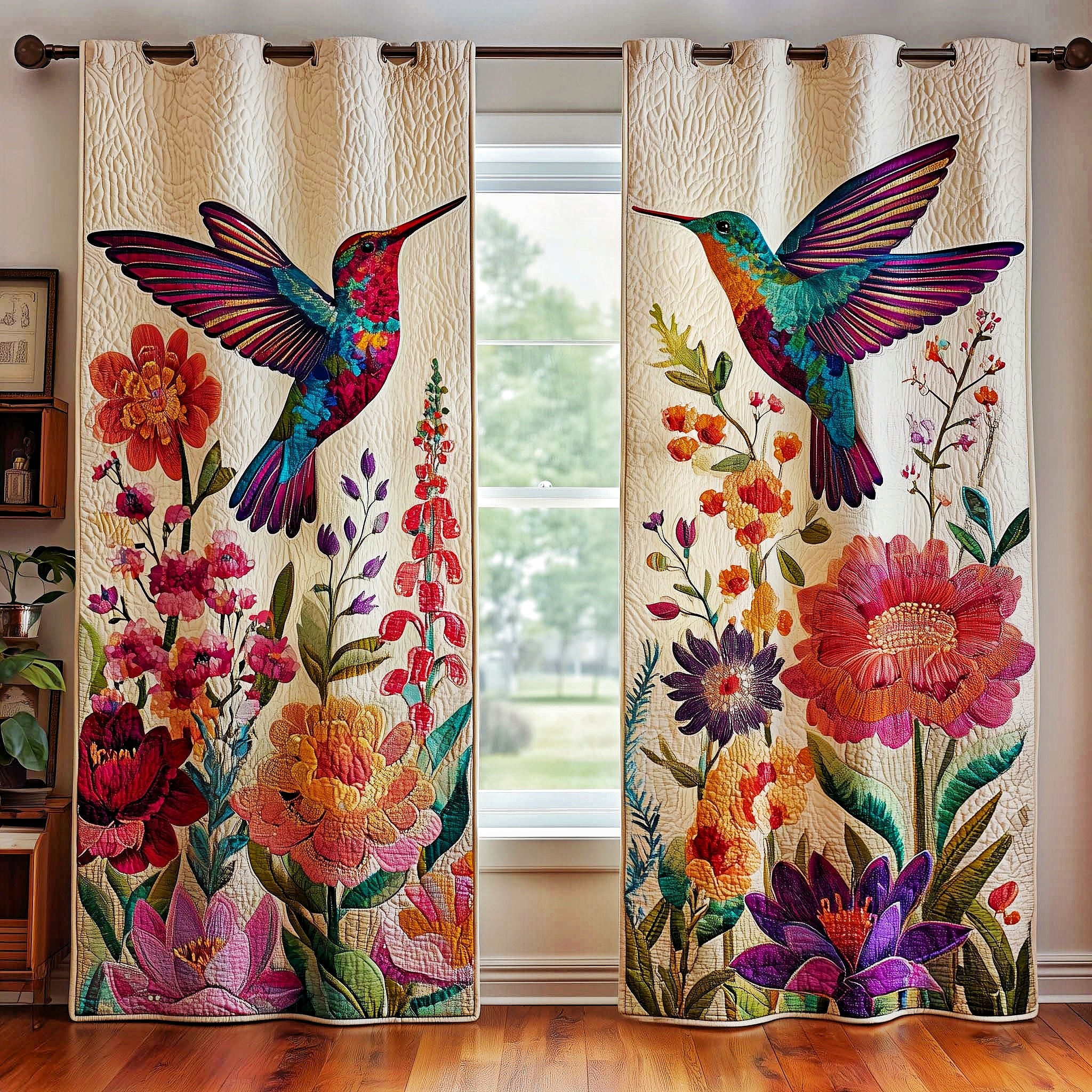 Iridescent Hummingbird & Wildflower Embroidered Knitwear Quilted Curtains