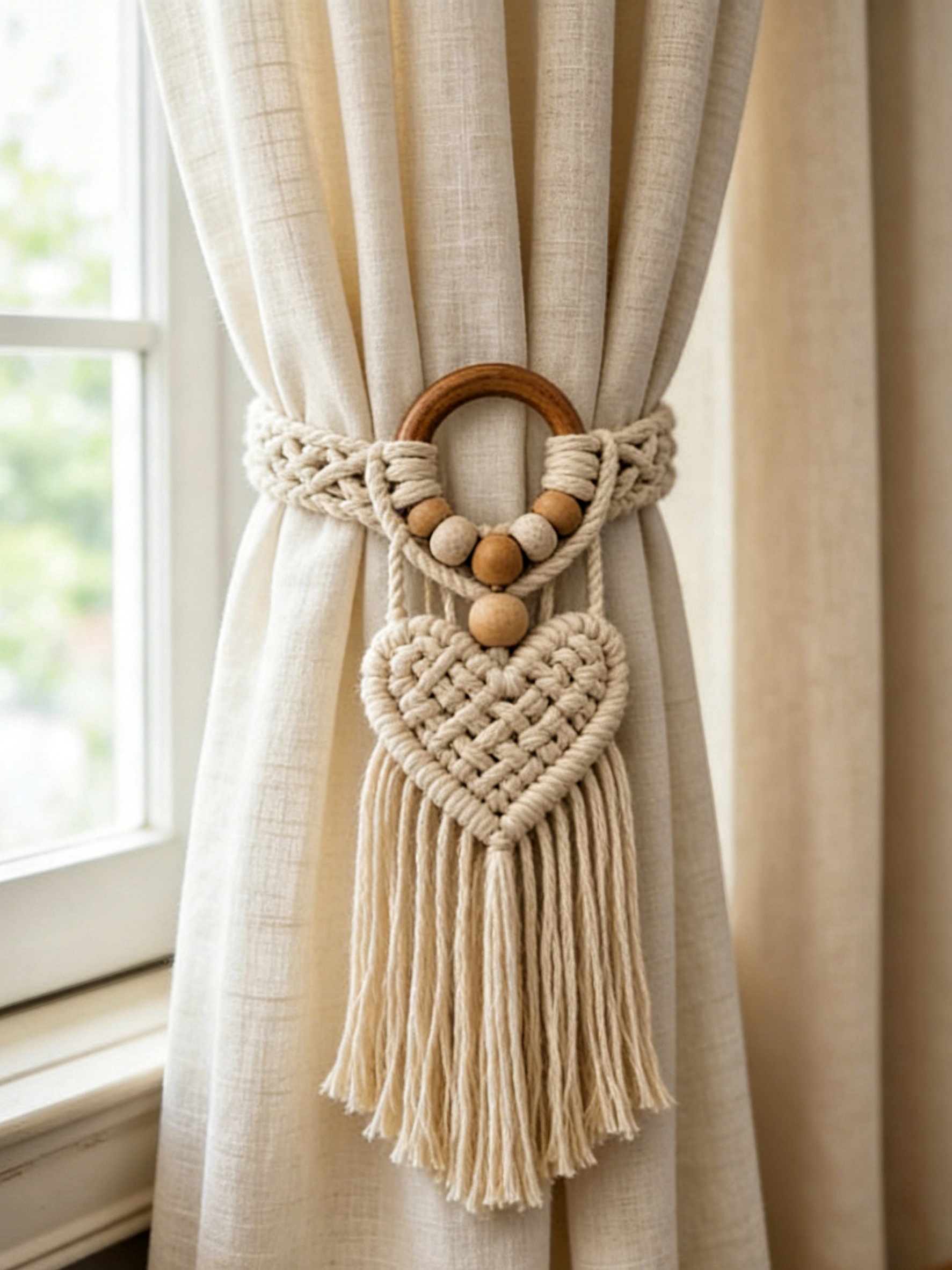 Wooden Ring Beaded Heart Cotton Macrame Curtain Tieback