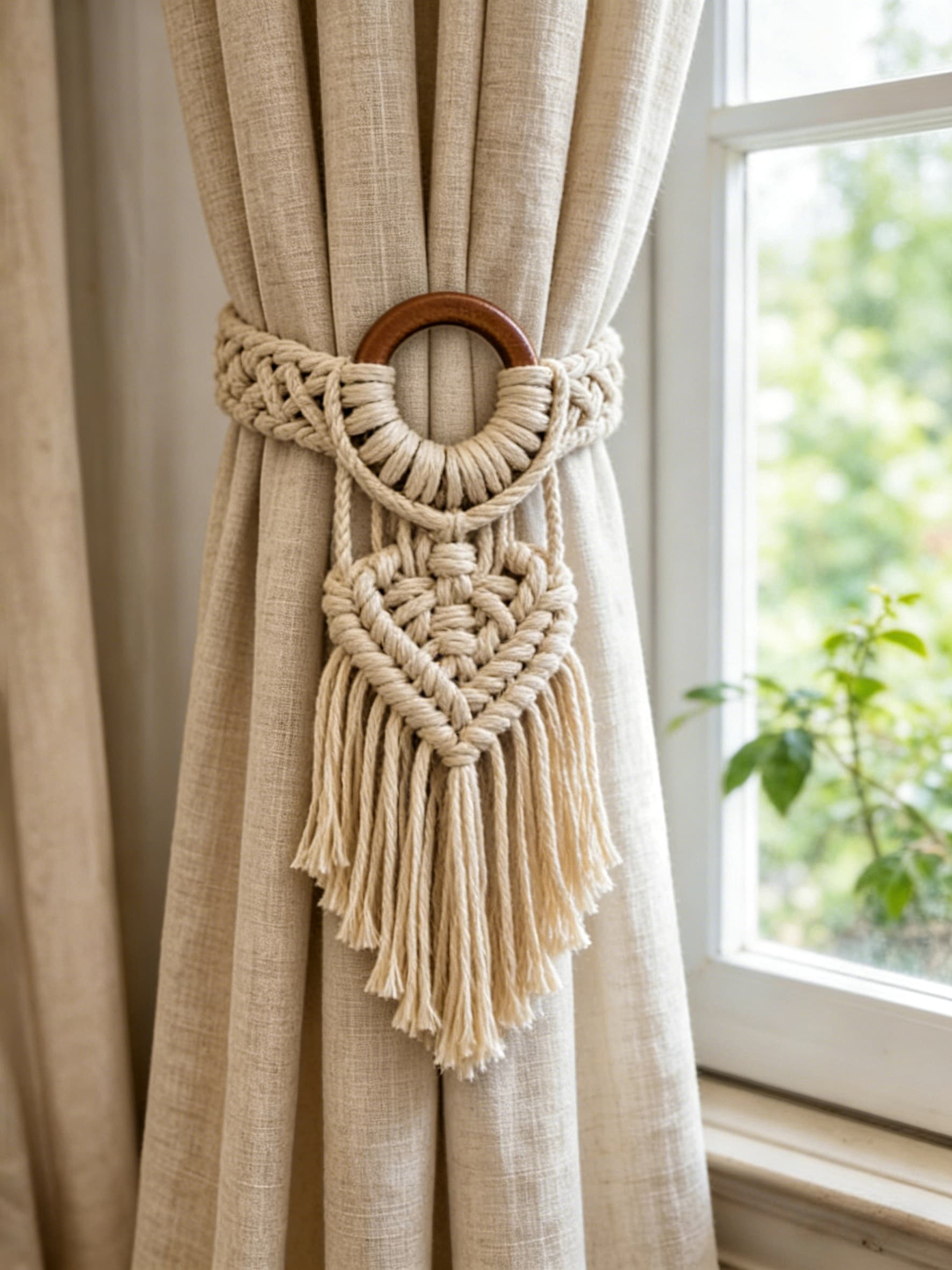 Heart Macrame Curtain Tieback with Wooden Ring