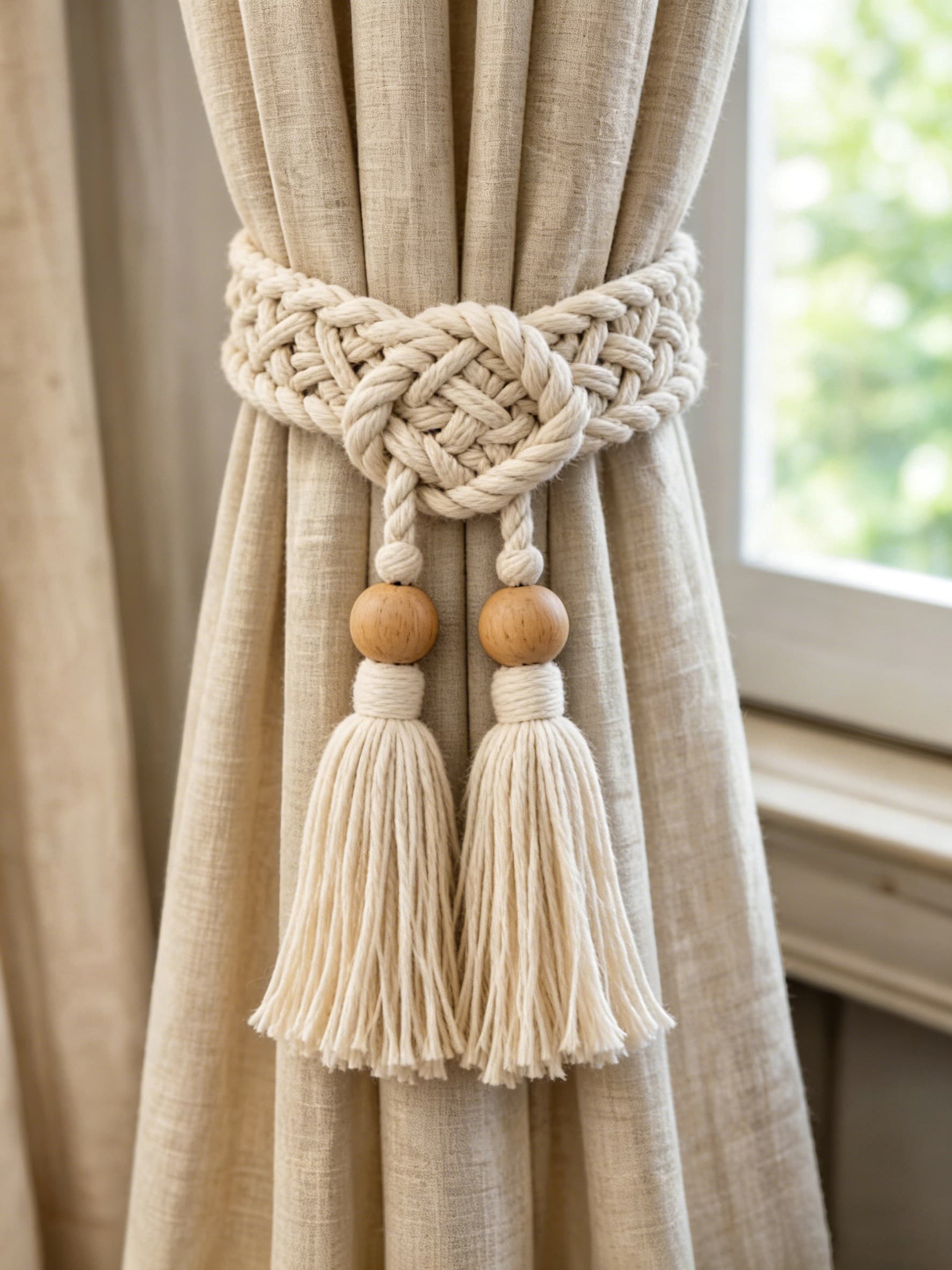 Double Knot Macrame Curtain Tieback with Wooden Beads
