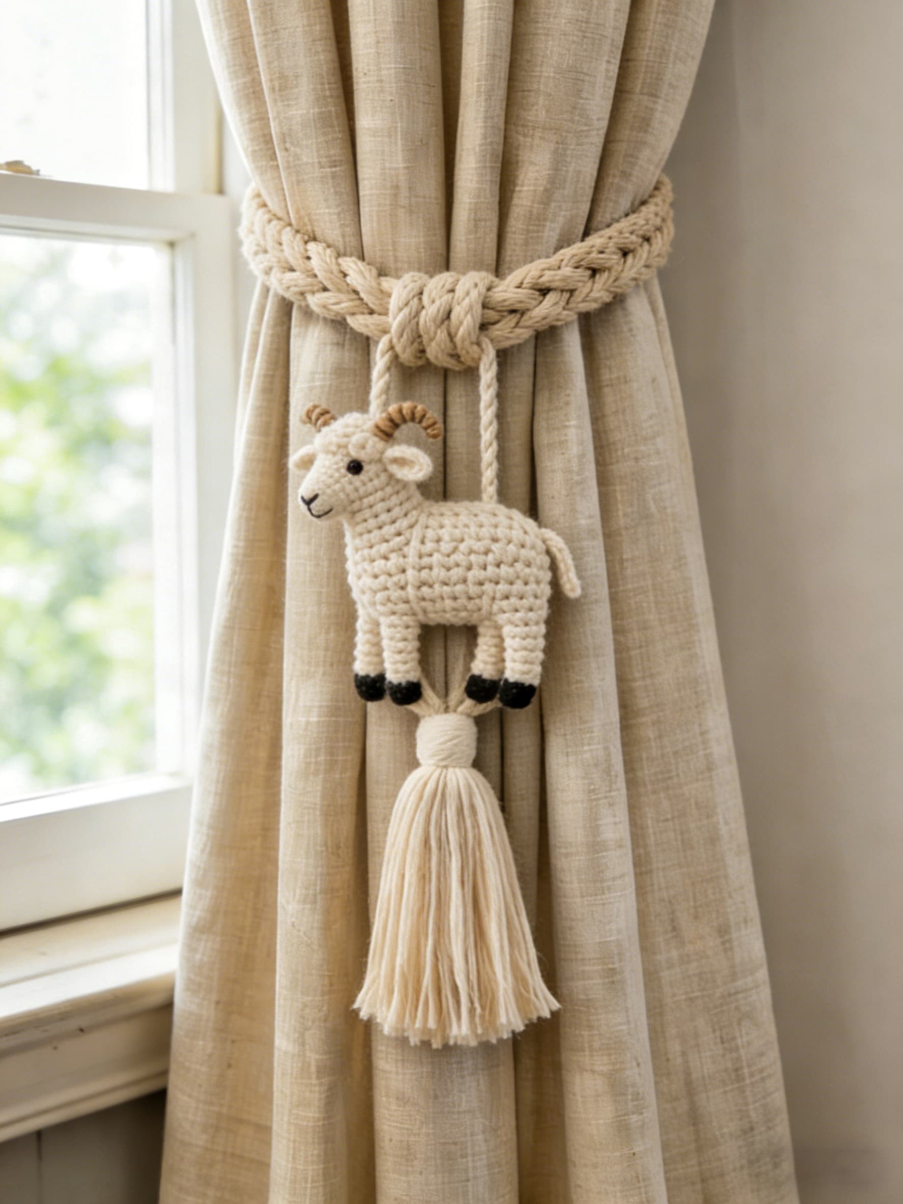 Playful Goatling Cotton Macrame Curtain Tieback