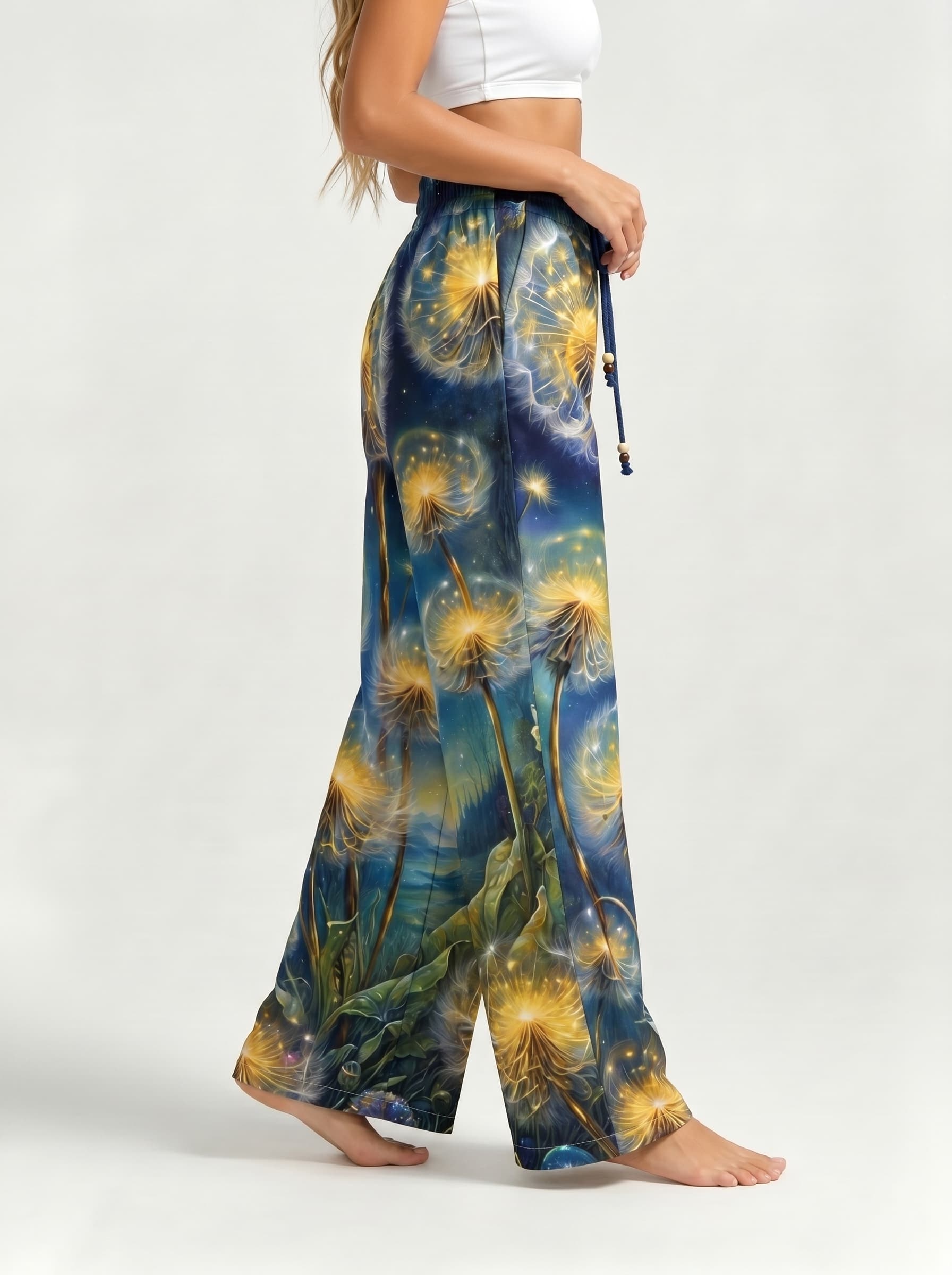 Glowing Dandelion Night Sky Drawstring Wide Leg Trousers