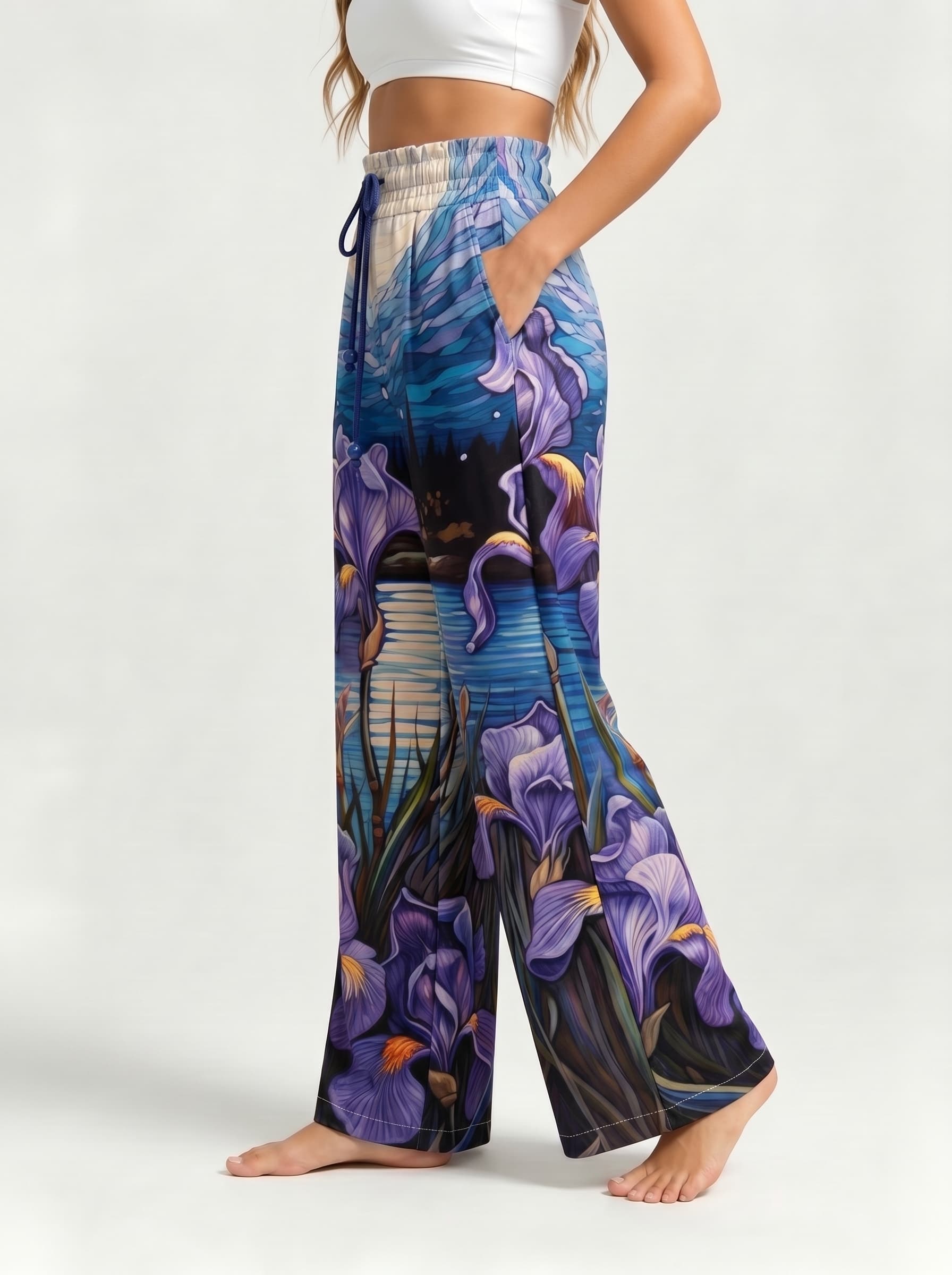 Moonlight Iris Lake Art Drawstring Wide Leg Trousers