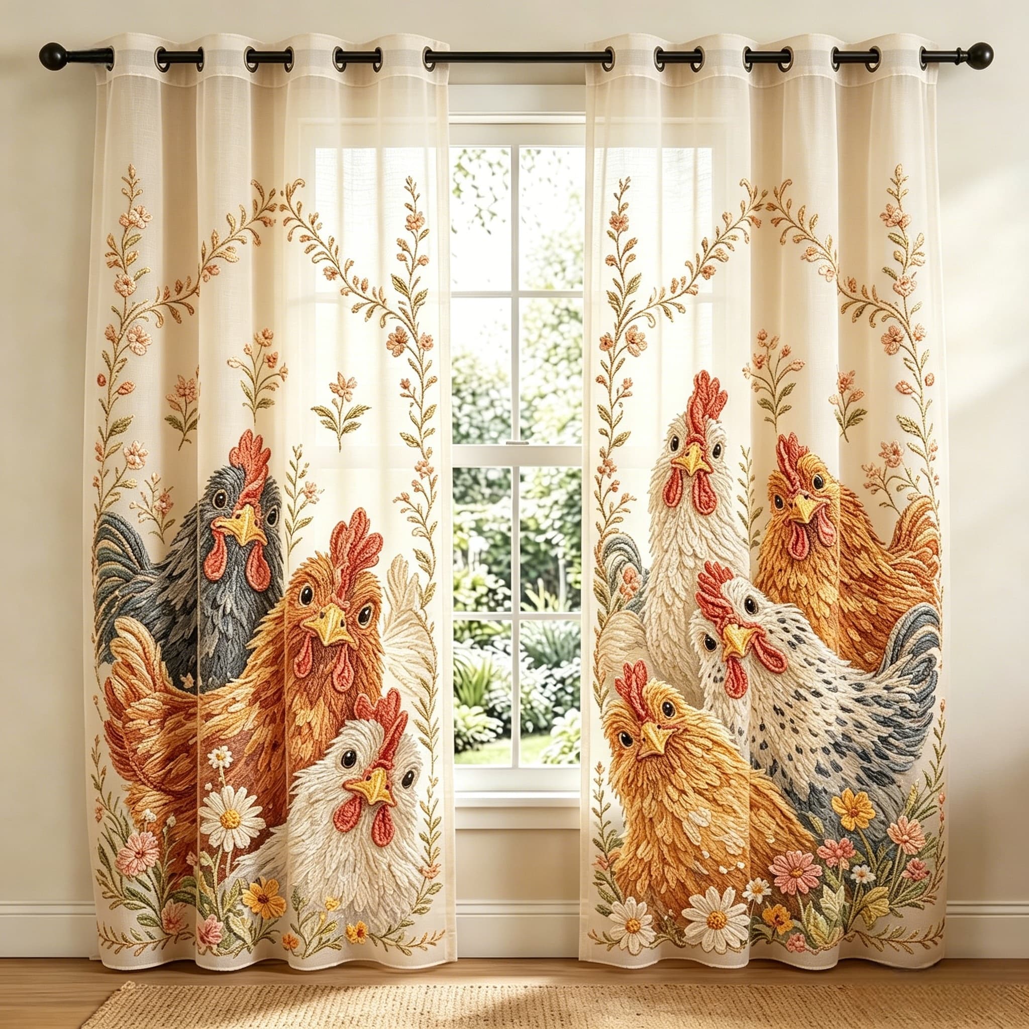 Rustic Farm Chicken Floral Embroidered Sheer Curtains