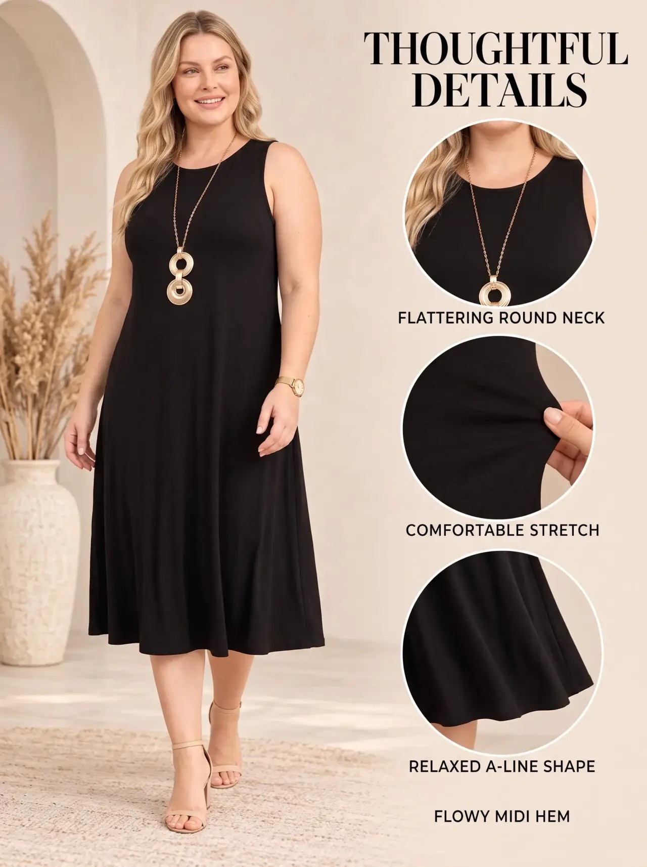 Women's Sleeveless Round Neck Slim Fit Midi Dress