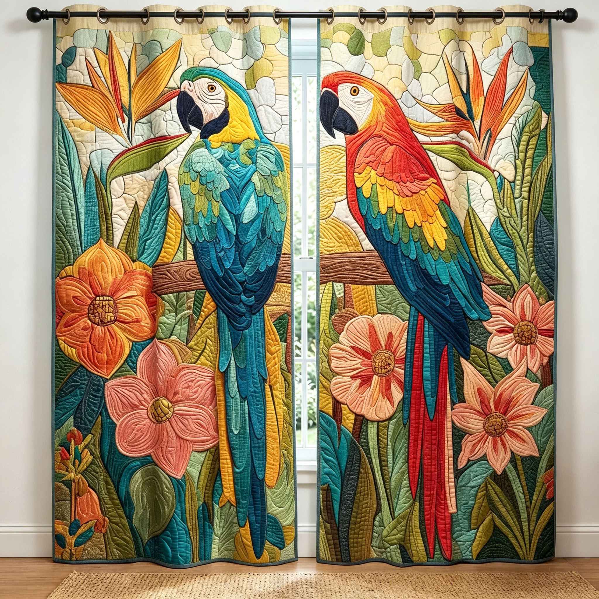 Vibrant Macaw Parrot & Tropical Floral Embroidered Knitwear Quilting Curtains
