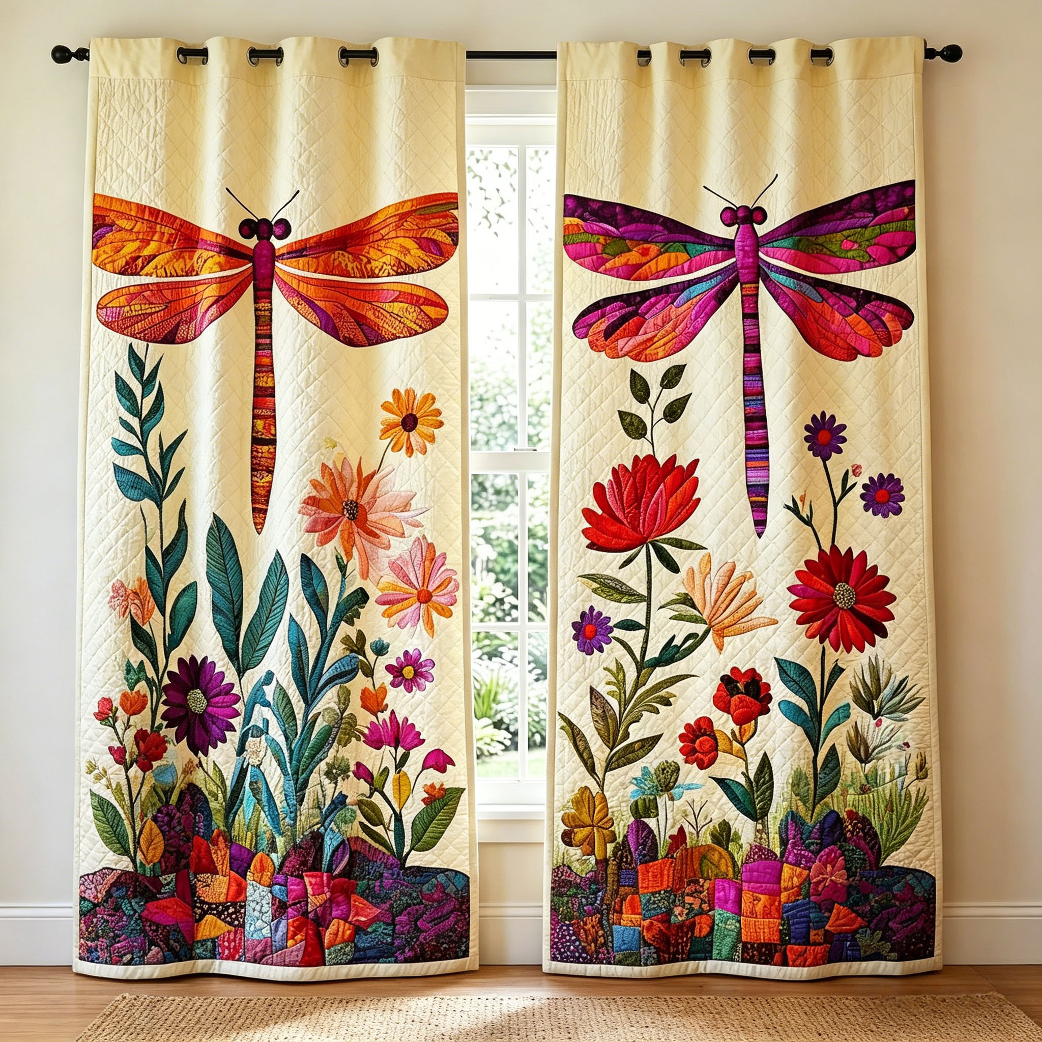 Iridescent Dragonfly & Wildflower Embroidered Knitwear Quilting Curtains