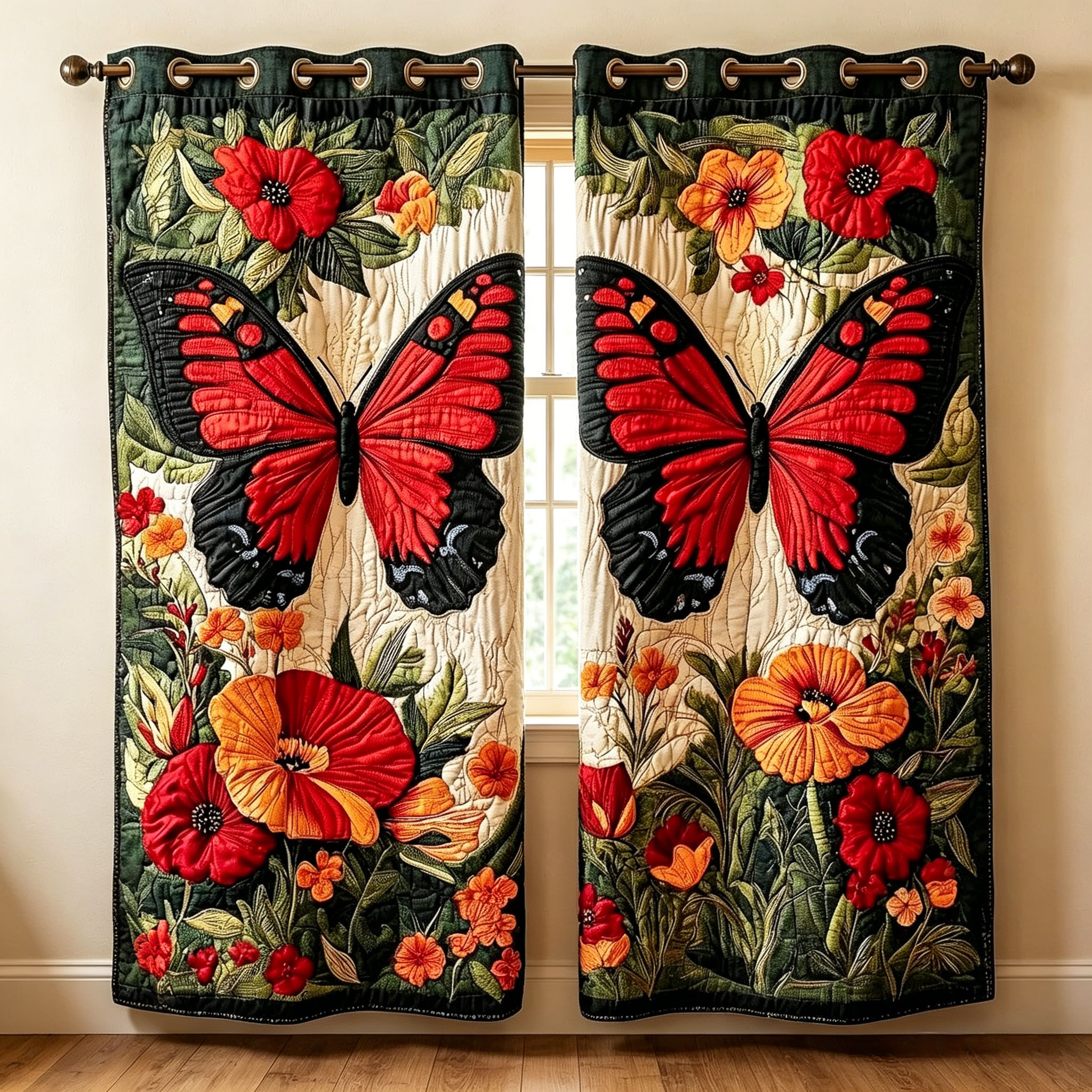 Scarlet Butterfly & Poppy Bloom Embroidered Knitwear Quilting Curtains