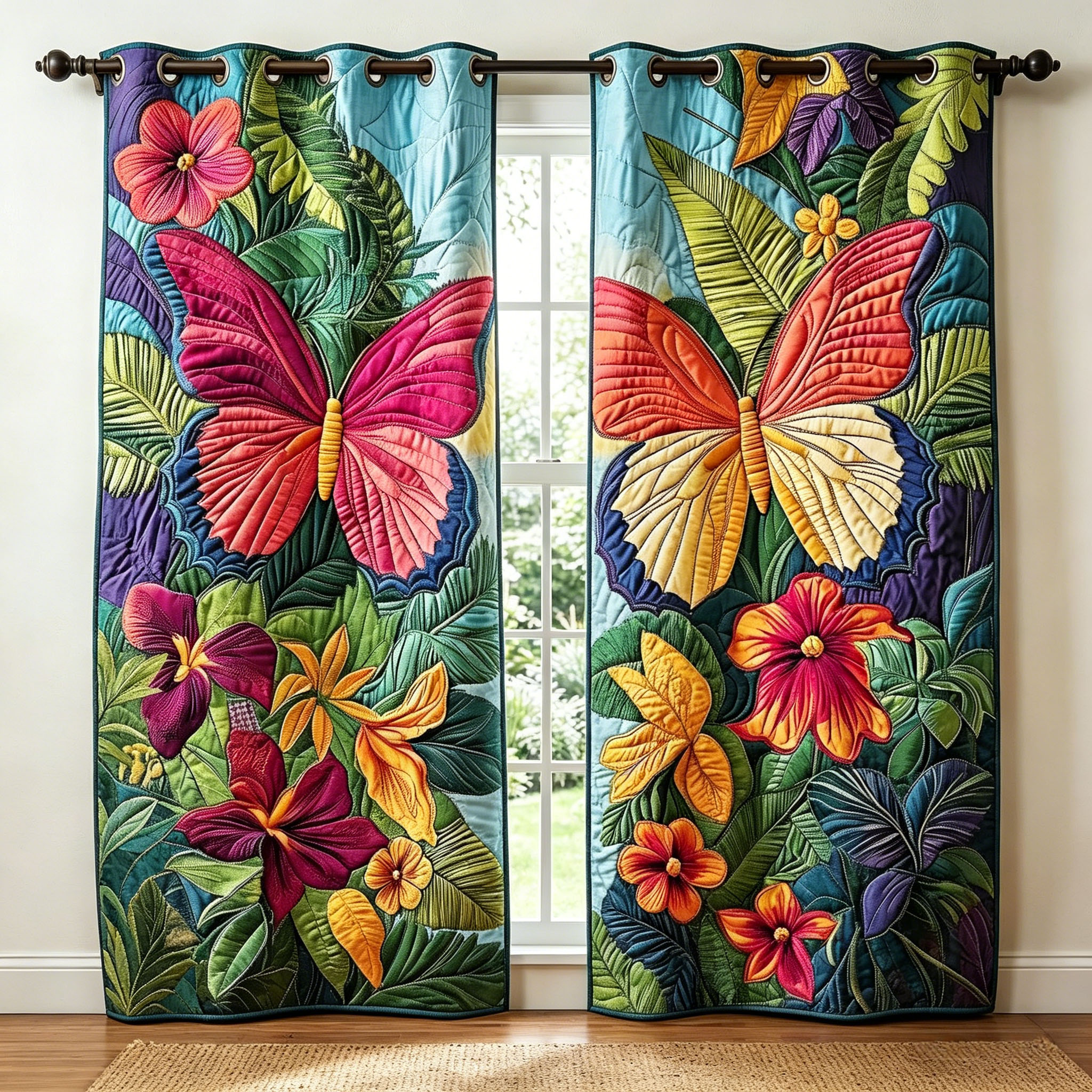 Tropical Butterfly & Jungle Floral Embroidered Knitwear Quilting Curtains