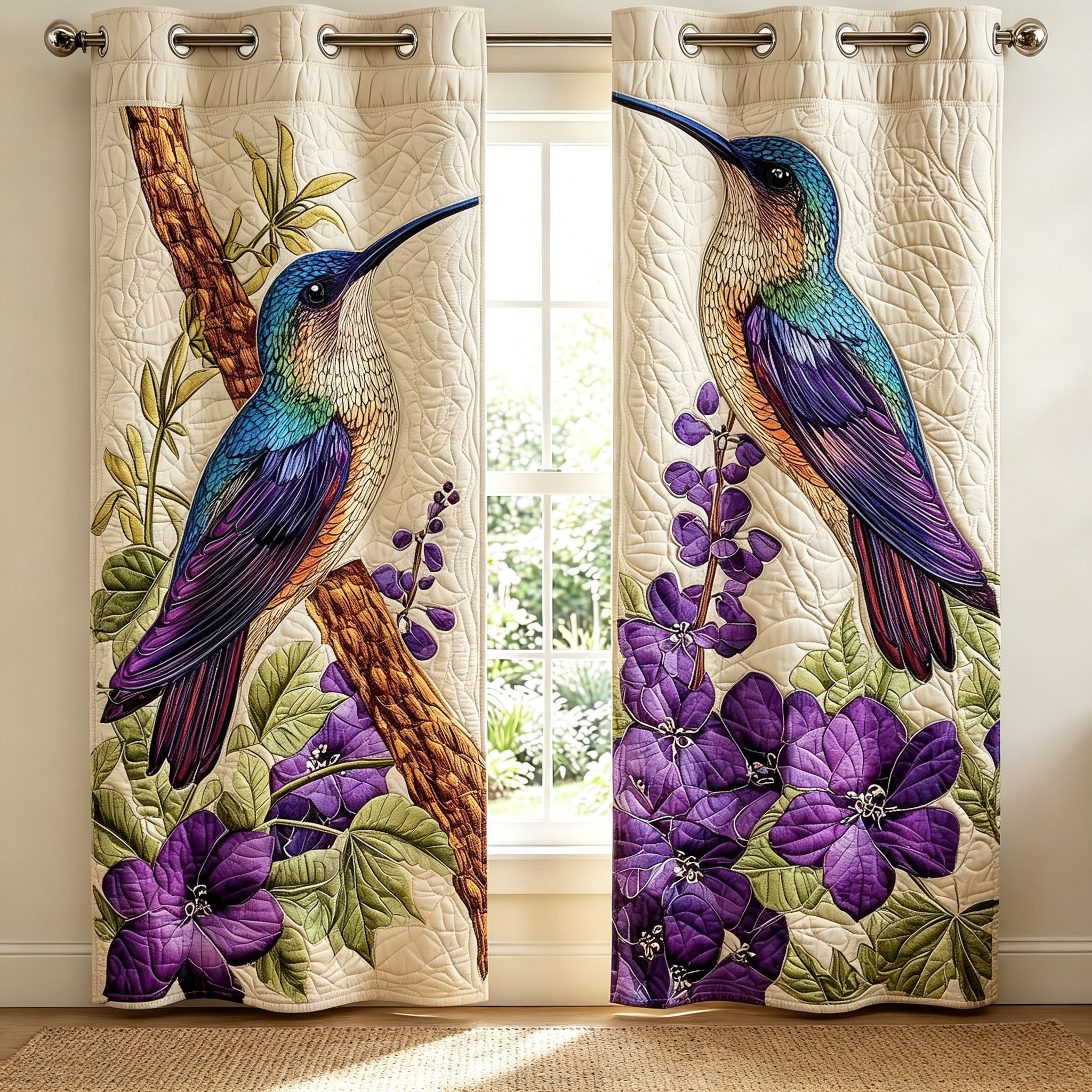 Hummingbird & Purple Floral Embroidered Knitwear Quilting Curtains