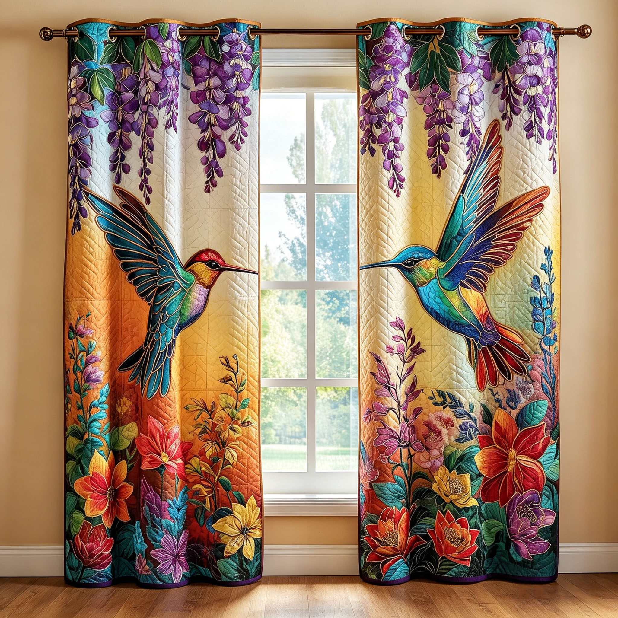 Hummingbird & Wisteria Bloom Embroidered Knitwear Quilting Curtains
