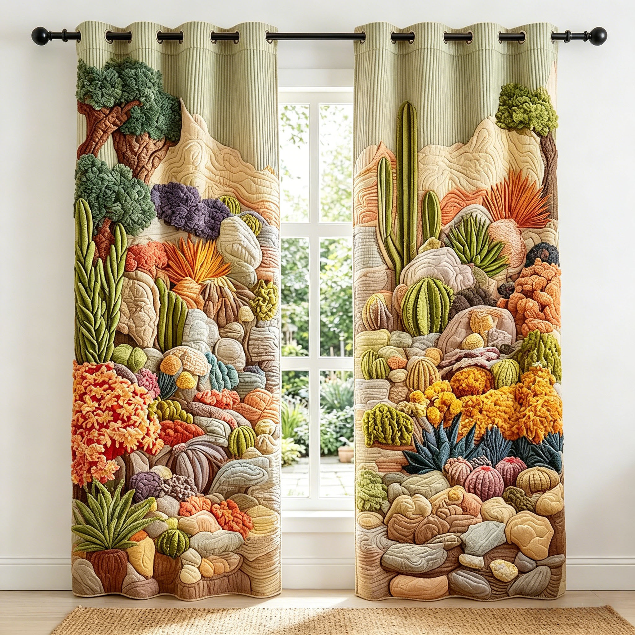 Vibrant Desert Cactus & Succulent Embroidered Knitwear Quilting Curtains