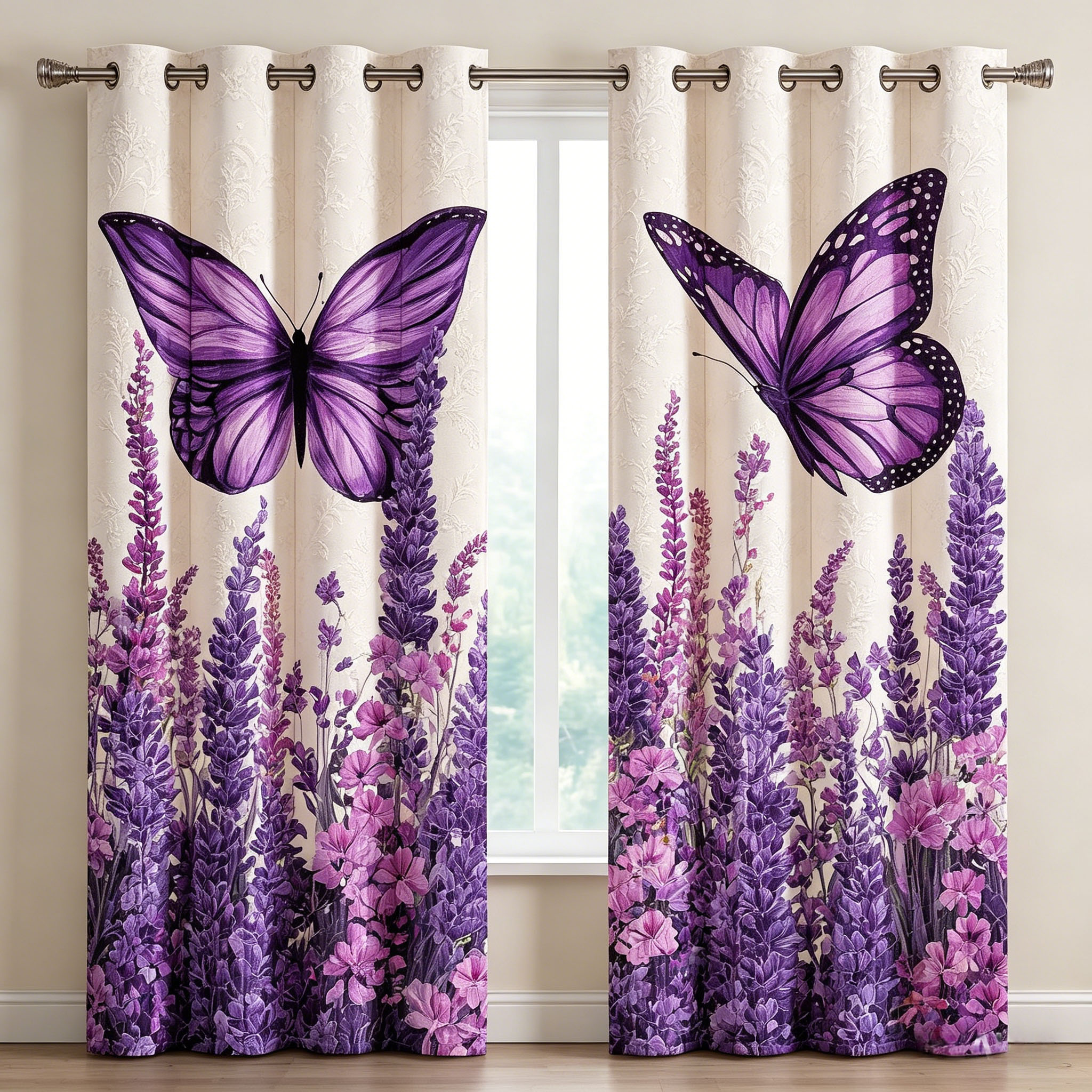 Purple Butterfly & Lavender Bloom Embroidered Knitwear Quilting Curtains