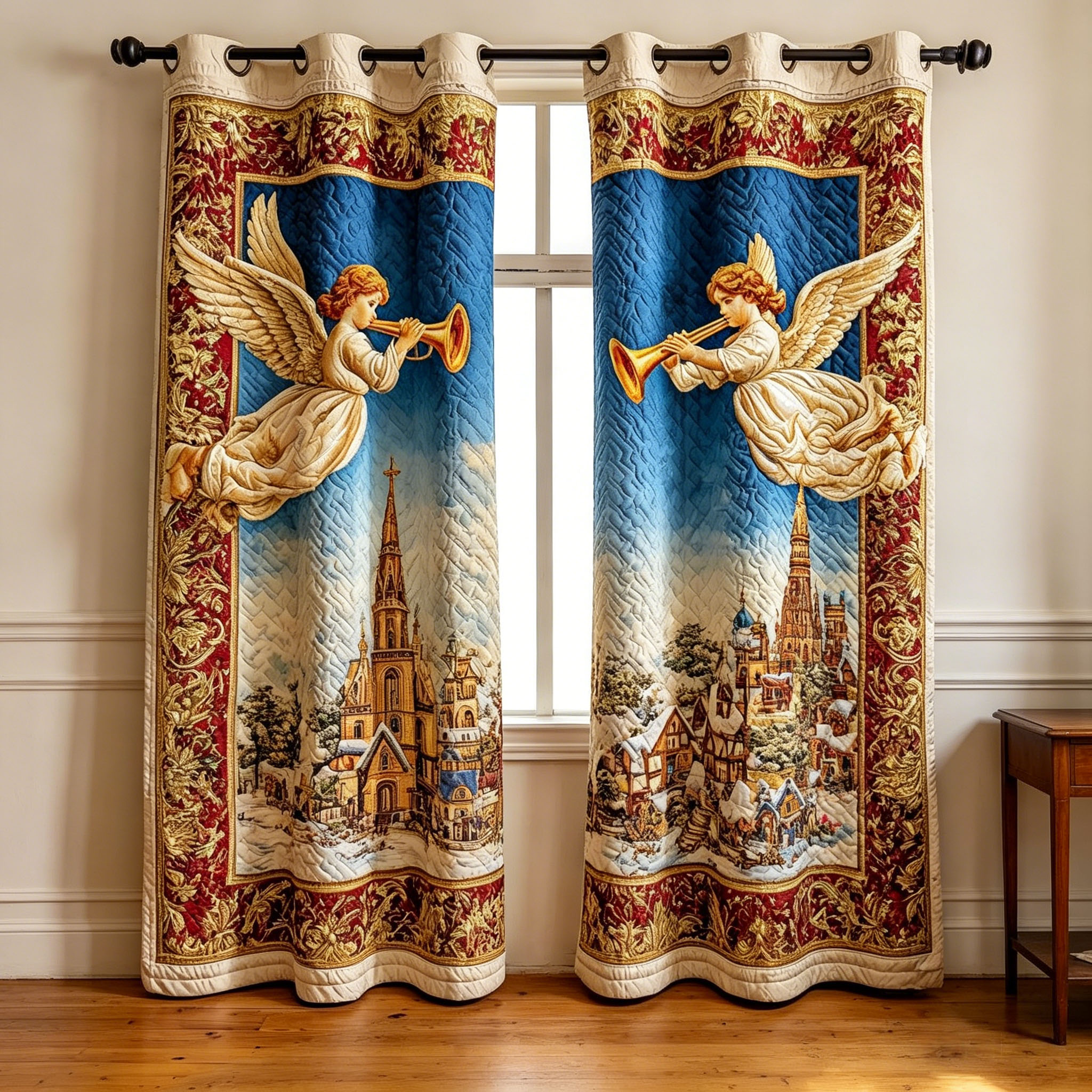 Angel & Winter Village Embroidered Knitwear Quilting Curtains