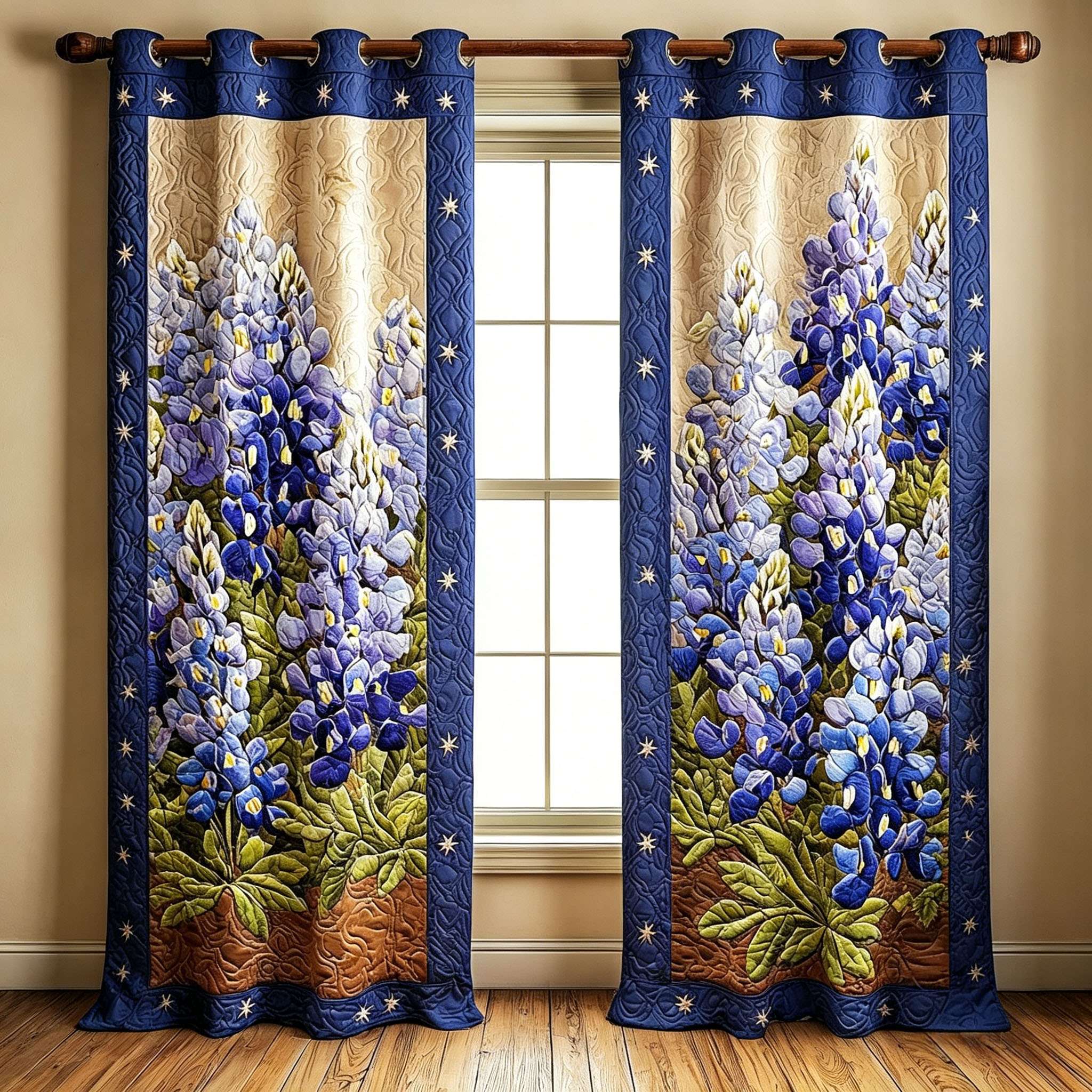 Blue Lupine & Star-Accent Embroidered Knitwear Quilting Curtains