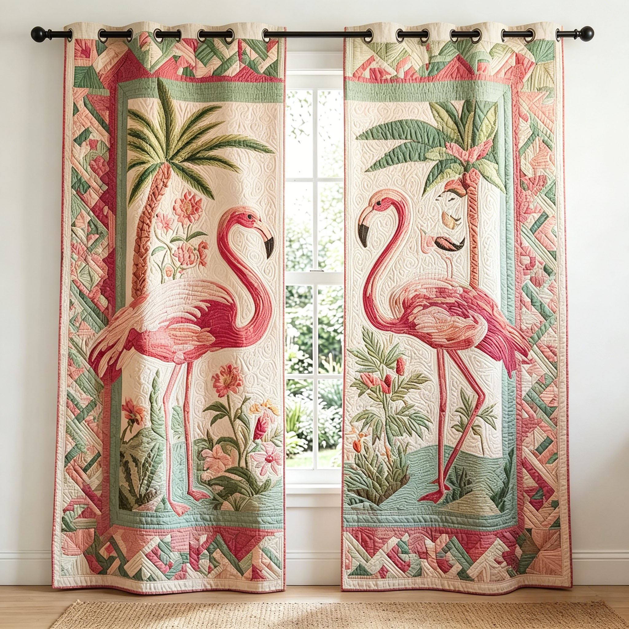 Bordered Flamingo & Palm Tree Embroidered Knitwear Quilting Curtains