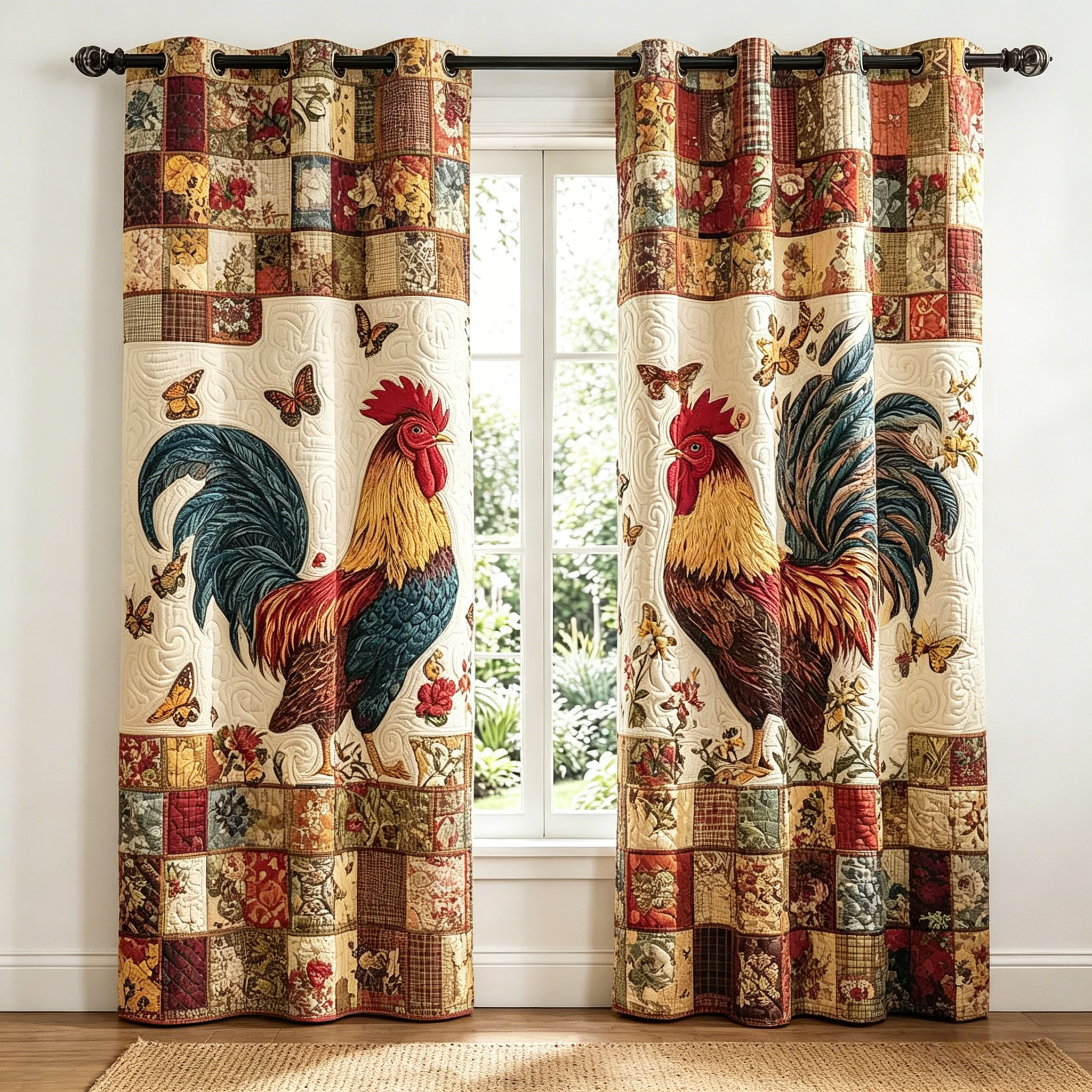 Patchwork Rooster & Butterfly Embroidered Knitwear Quilting Curtains