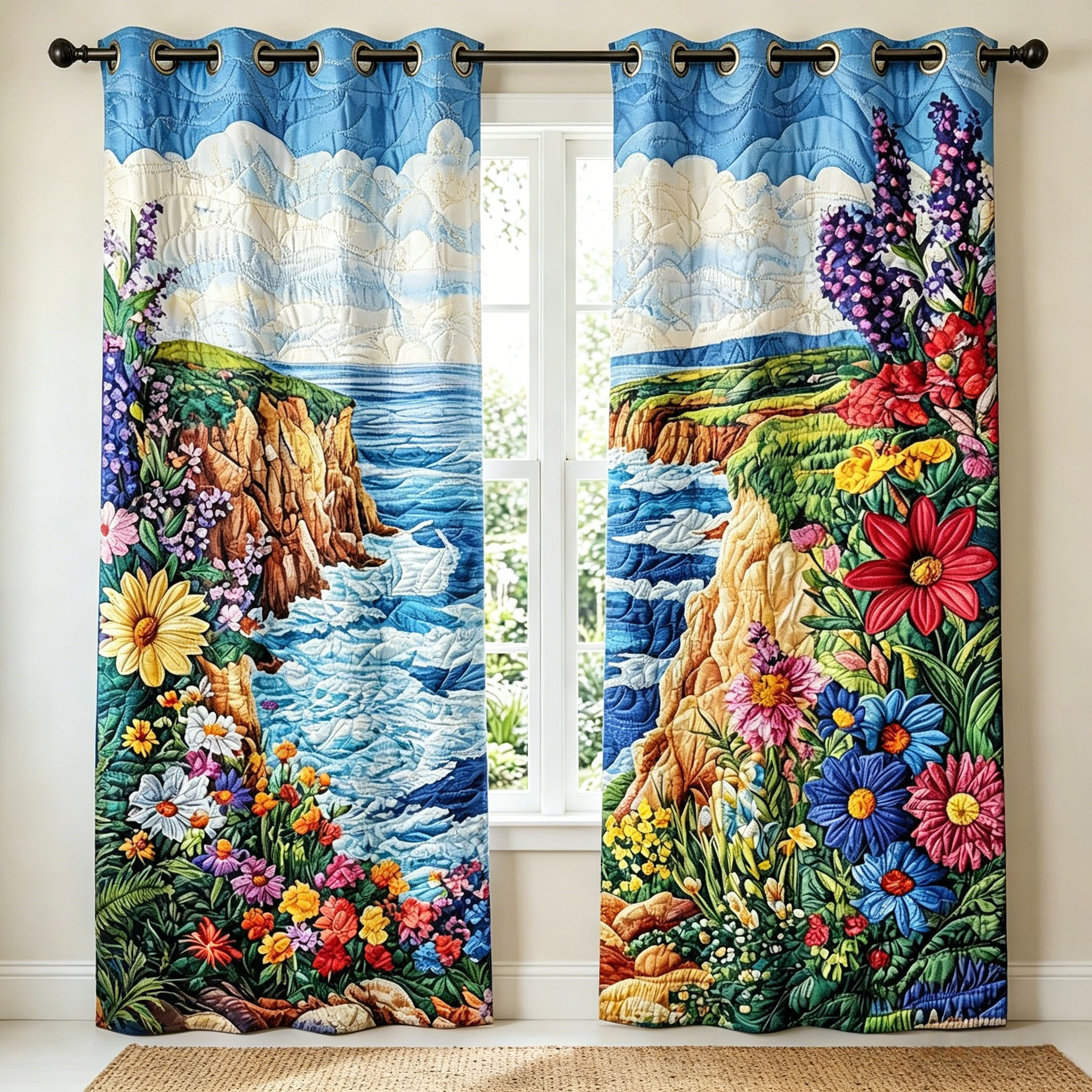 Coastal Cliff & Floral Bloom  Embroidered Knitwear Quilting Curtains