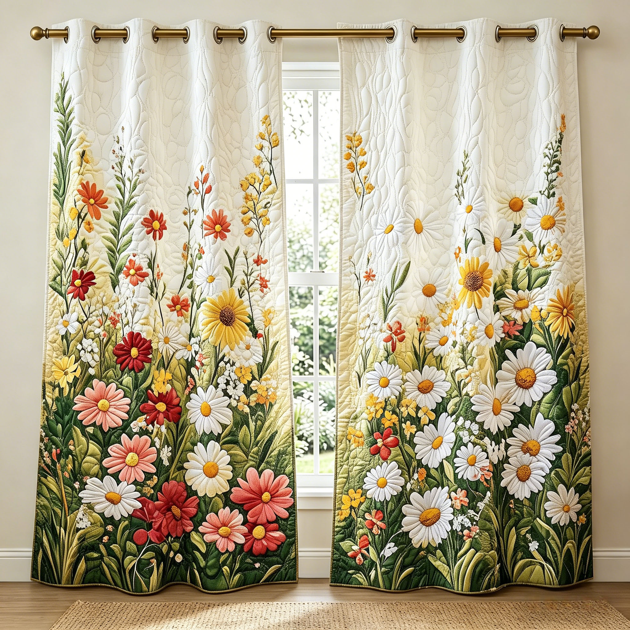 Multi-Colored Daisy Meadow Embroidered Knitwear Quilting Curtains
