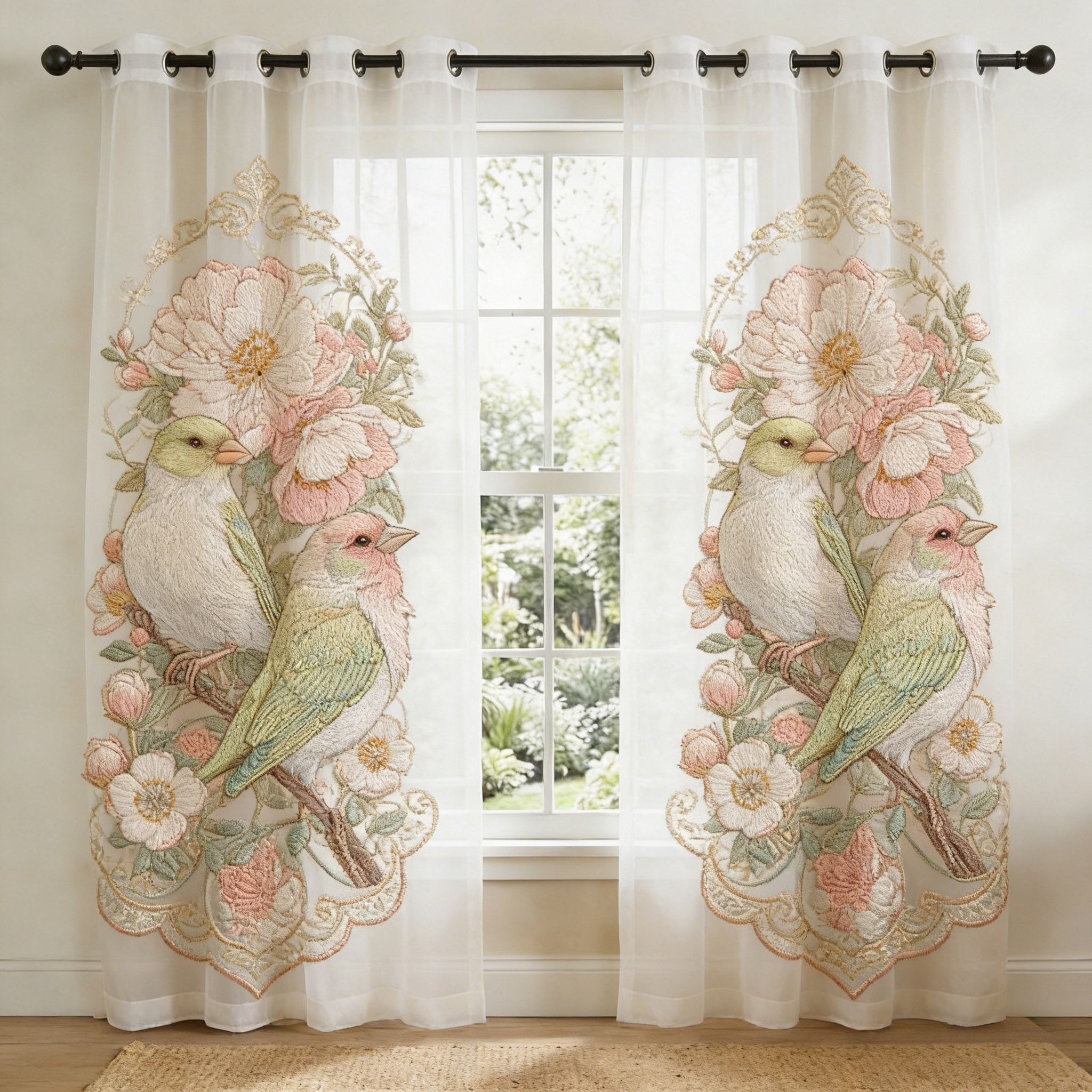 Vintage Bird & Peony Frame Embroidered Sheer Curtains