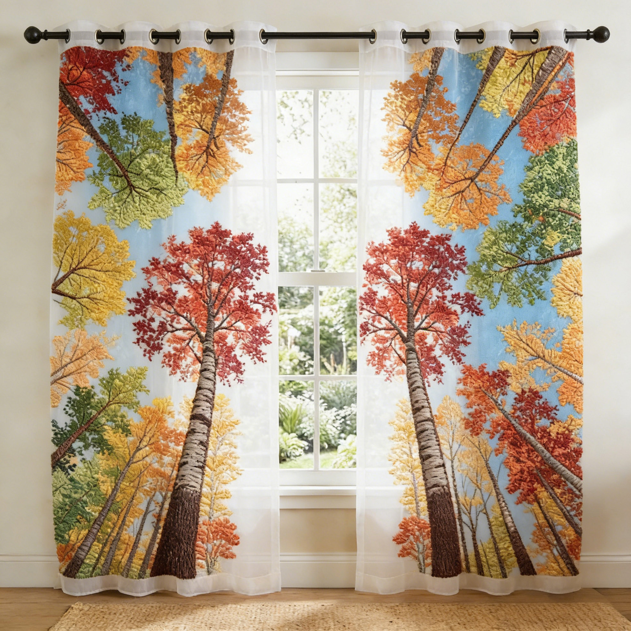 Fall Colorful Forest Looking Up Embroidered Sheer Curtains