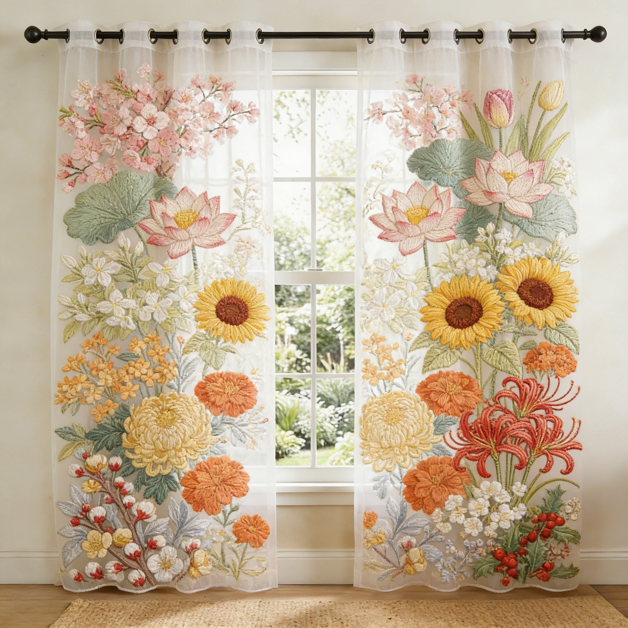 Four Seasons Floral Garden Embroidered Sheer Curtains