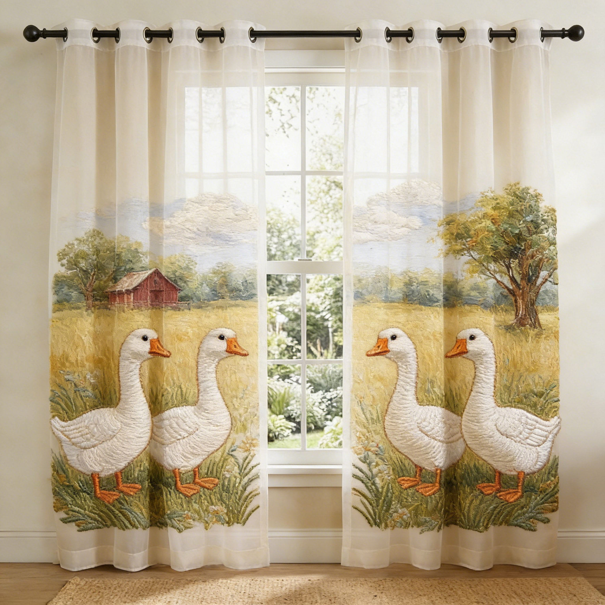 Farmhouse Goose Landscape Embroidered Sheer Curtains
