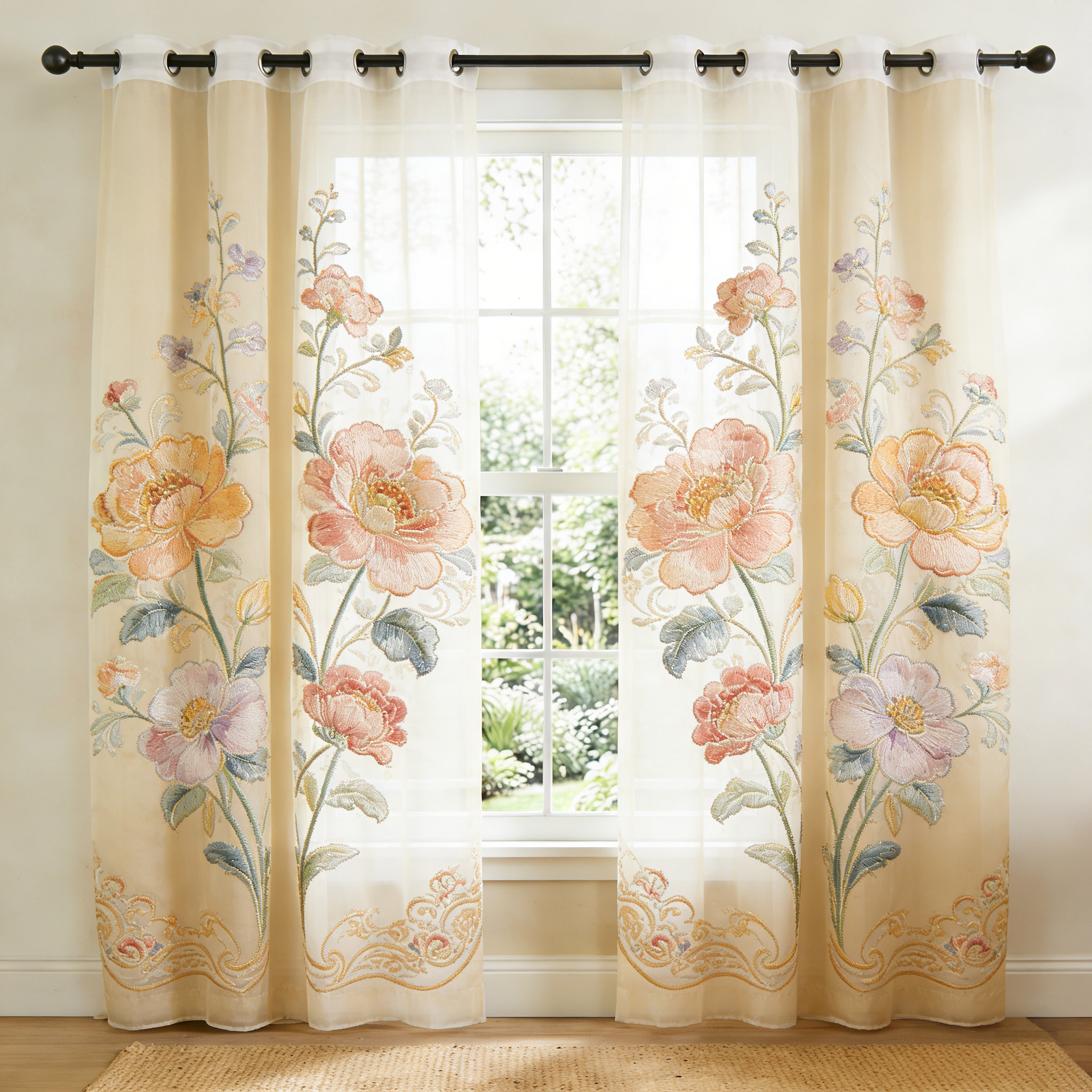Vintage Warm Tone Peony Embroidered Sheer Curtains