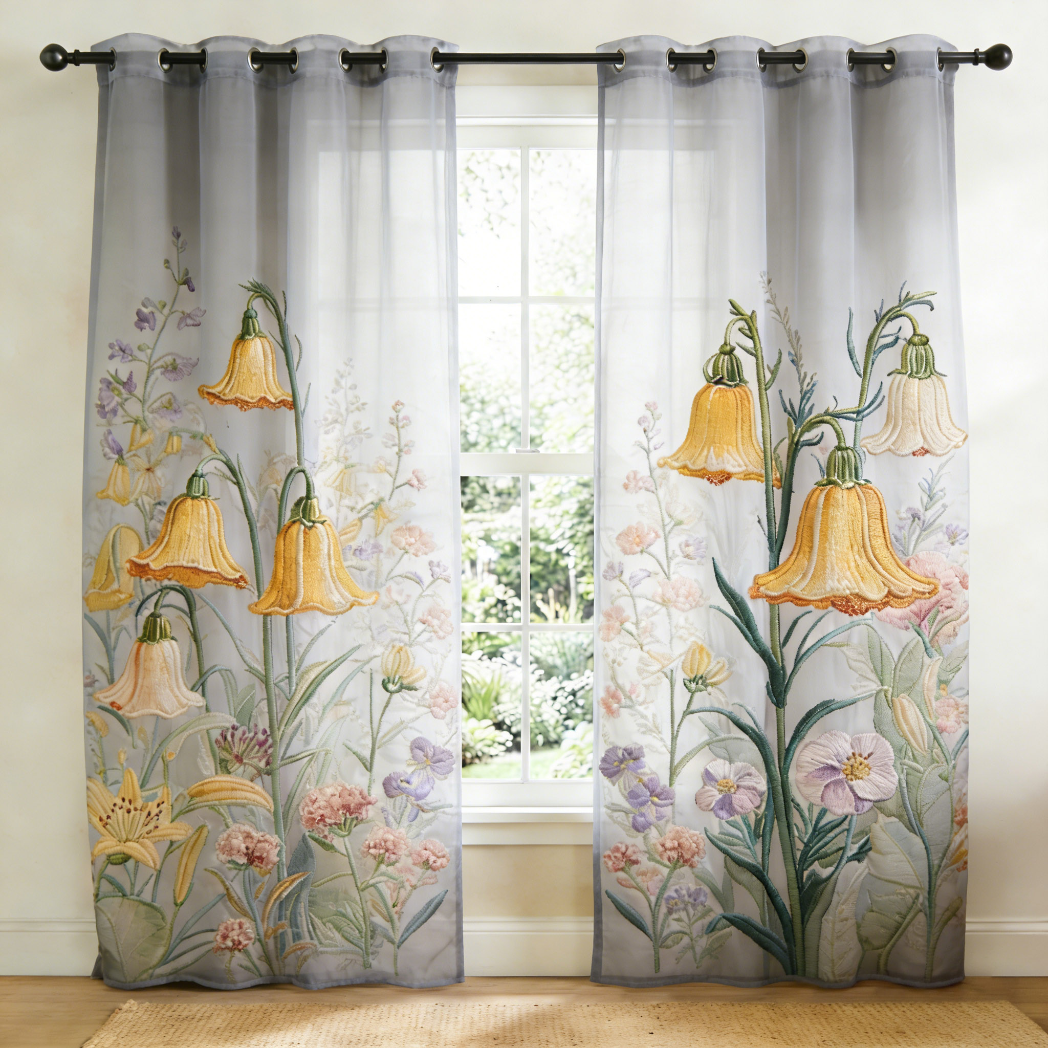 Muted Bellflower Garden Embroidered Sheer Curtains