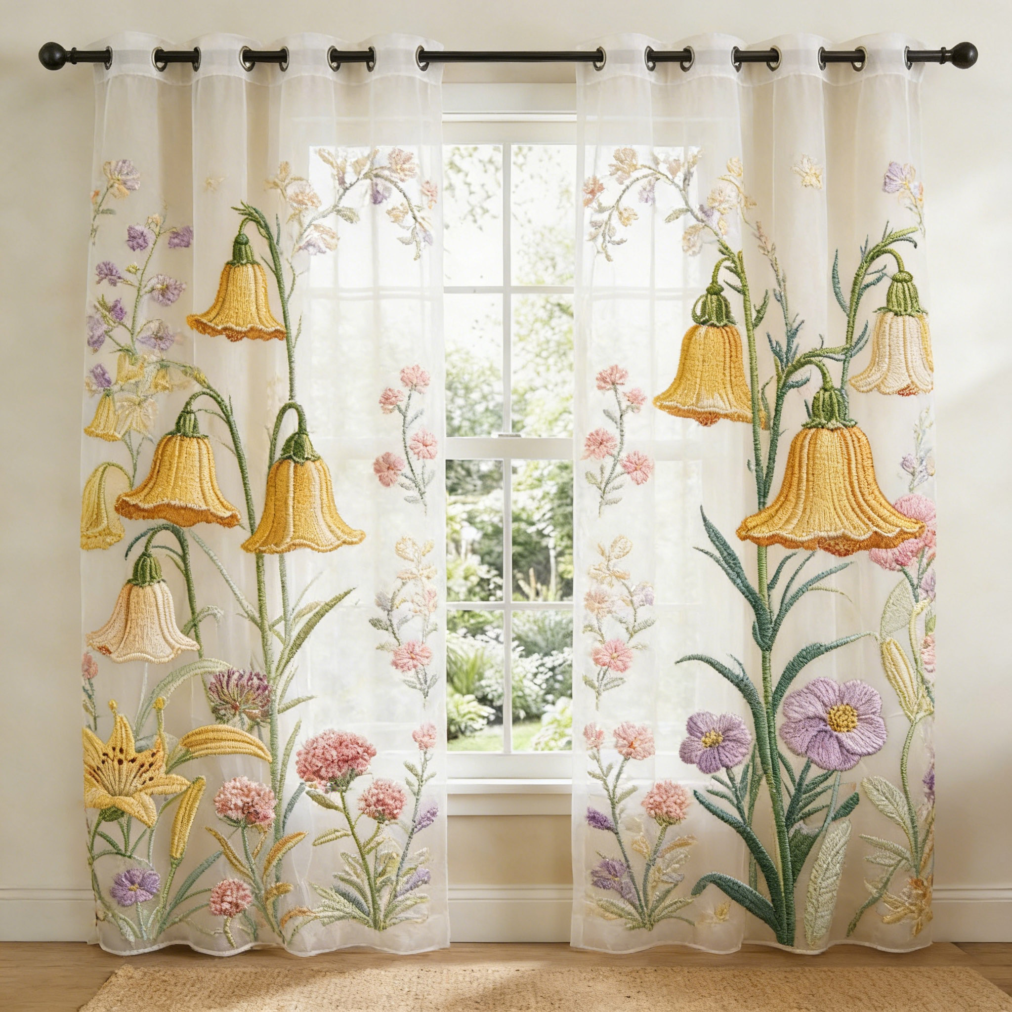 Cottagecore Bellflower Garden Embroidered Sheer Curtains