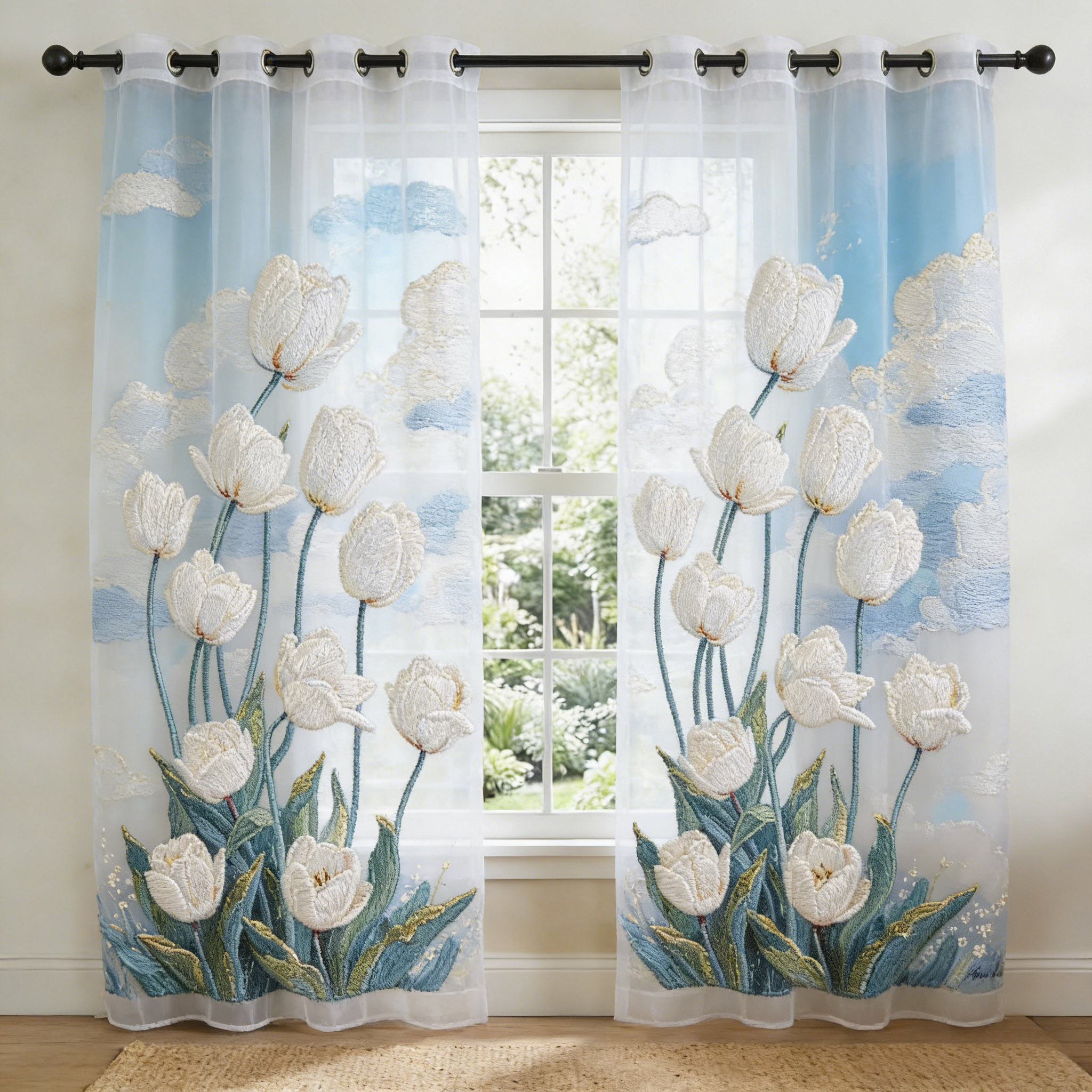 White Tulip Sky Cloud Embroidered Sheer Curtains
